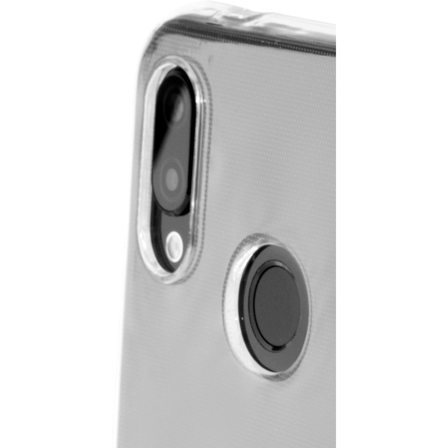 Close-up van een telefoon cameramodule in een doorzichtig hoesje. Het heeft een camera en een vingerafdruksensor.