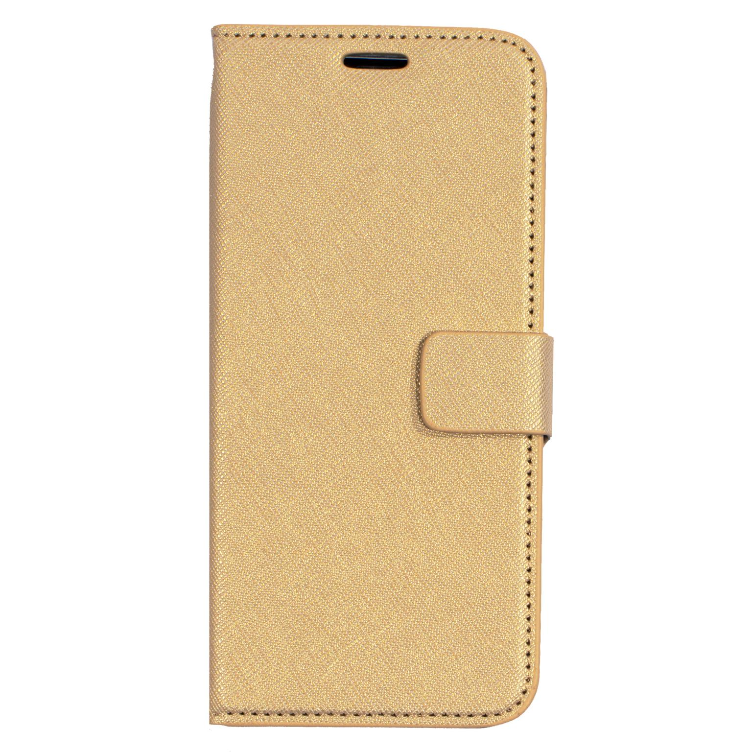 Gouden telefoonhoes, gesloten met magnetische sluiting, op een witte achtergrond.