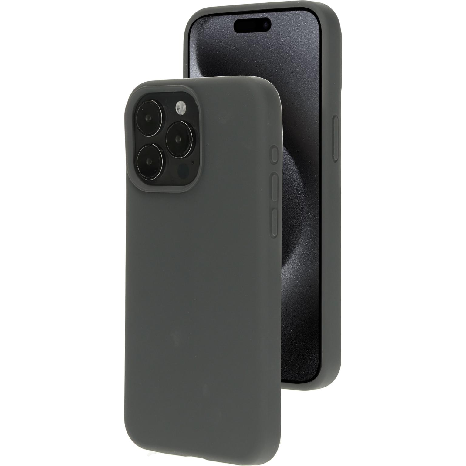 Donkergrijze telefoonhoes op een telefoon. De telefoon heeft drie camera's. De hoes bedekt de telefoon.