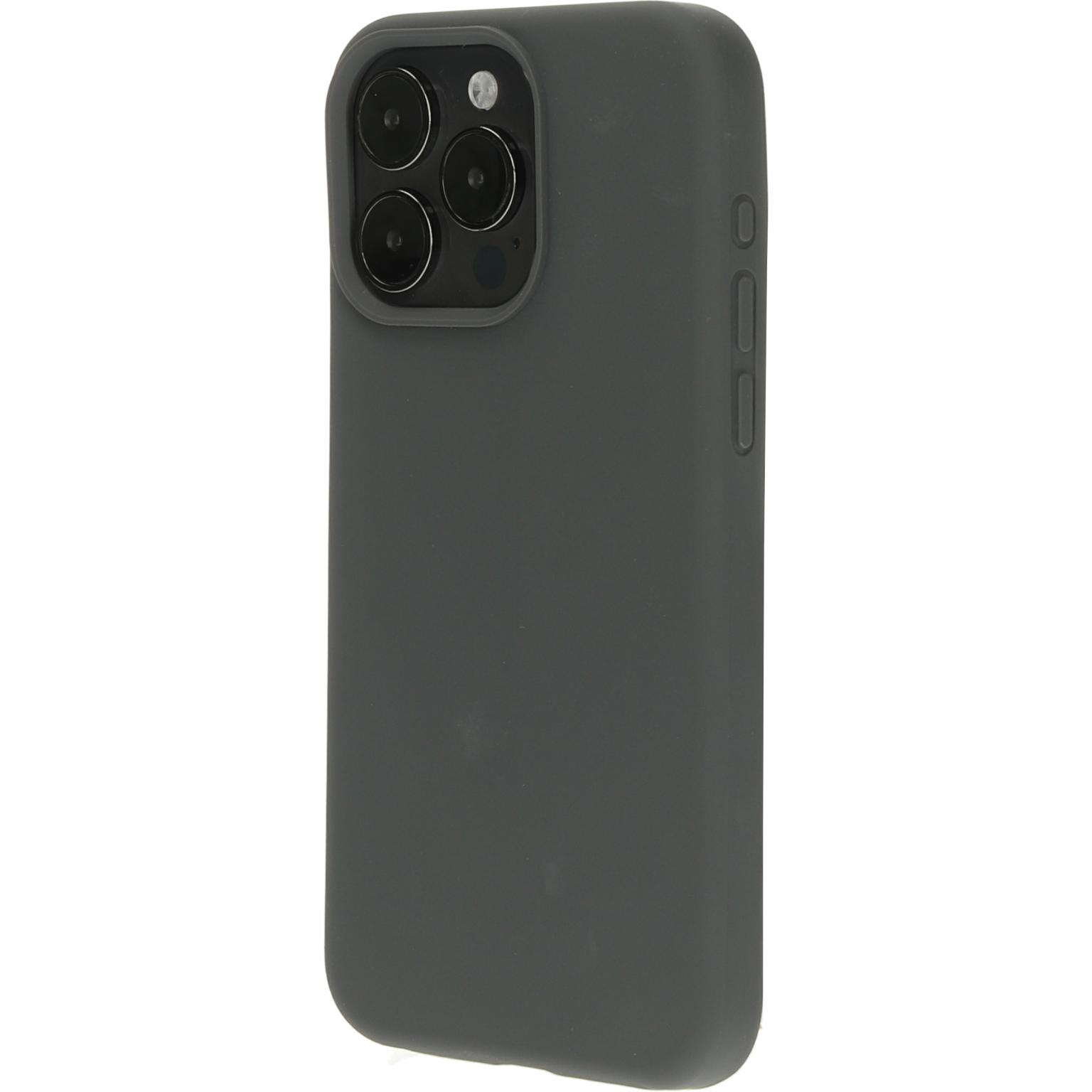 Donkergrijze telefoonhoes met drie cameralenzen en flitser. Witte achtergrond.
