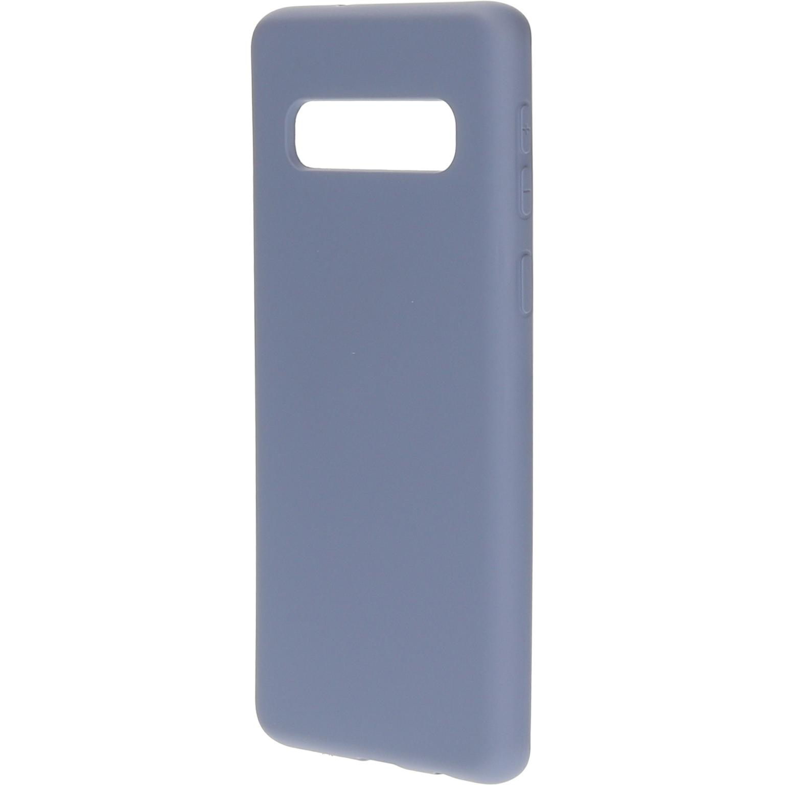 Lichtblauwe telefoonhoes. Het heeft uitsparingen voor de camera en knoppen.
