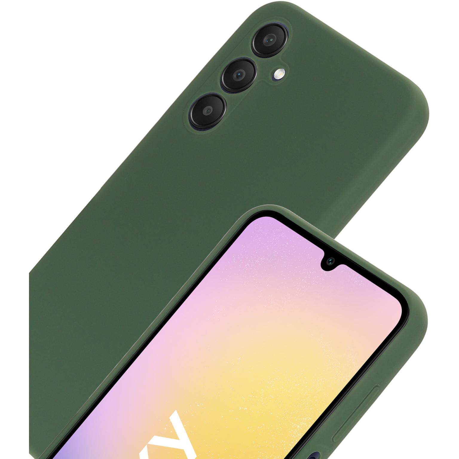 Groene telefoonhoes met een telefoon erin. De telefoon toont een kleurrijke achtergrond.