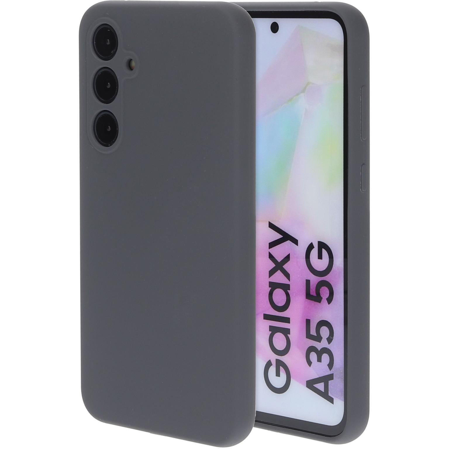 Grijze telefoonhoes met een zwarte camera-uitsparing. Het scherm zegt 'Galaxy A35 5G'.