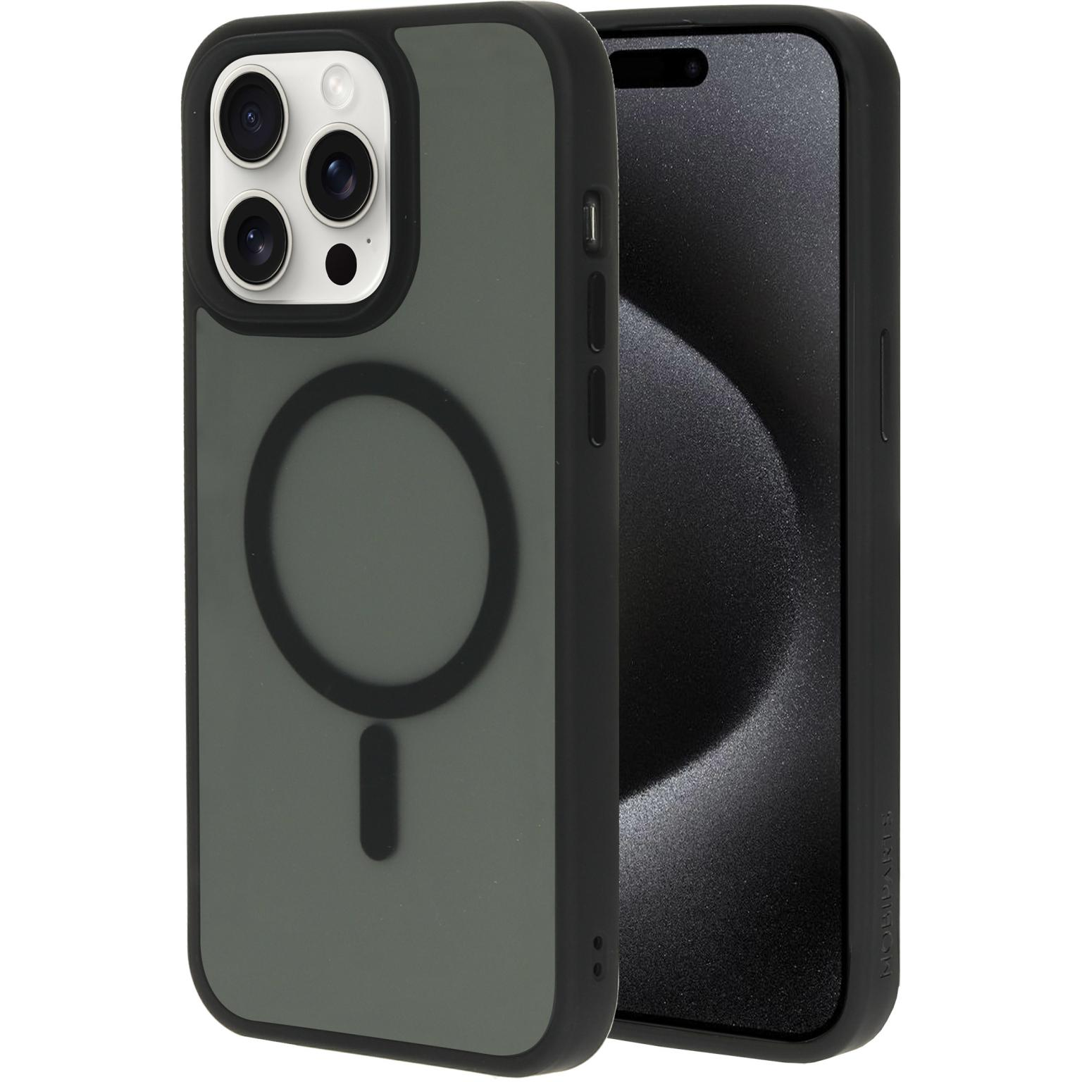 Een telefoonhoesje met een magneetring op de achterkant en een telefoon erin. De hoes heeft een donkergrijze achterkant.