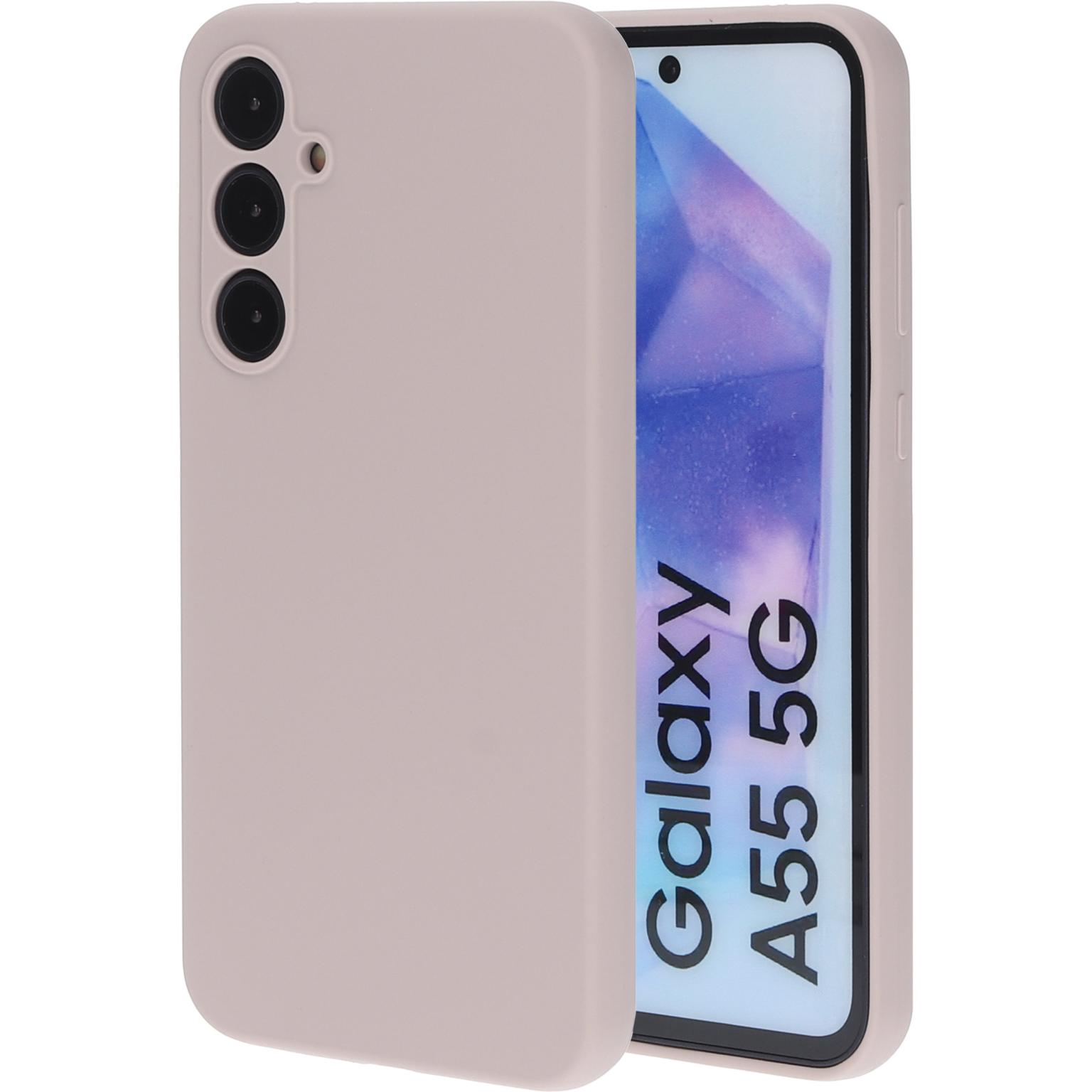 Een lichtroze telefoonhoesje naast een telefoon met "Galaxy A55 5G" op het scherm.