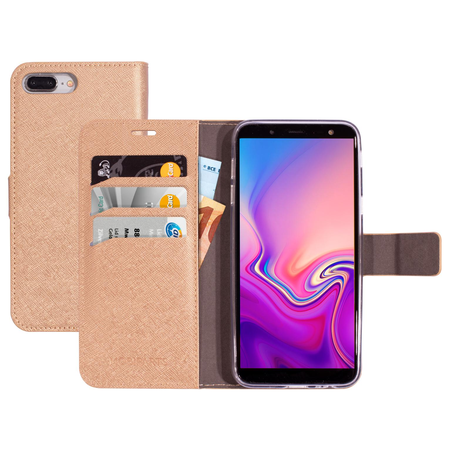 Telefoon in een open portemonnee met kaartsleuven, kaarten tonen.