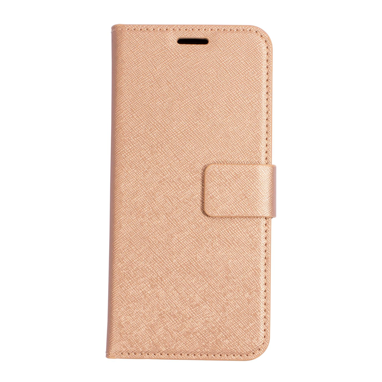 Een gesloten roségouden telefoonhoes. De hoes is van leer en heeft een sluiting.