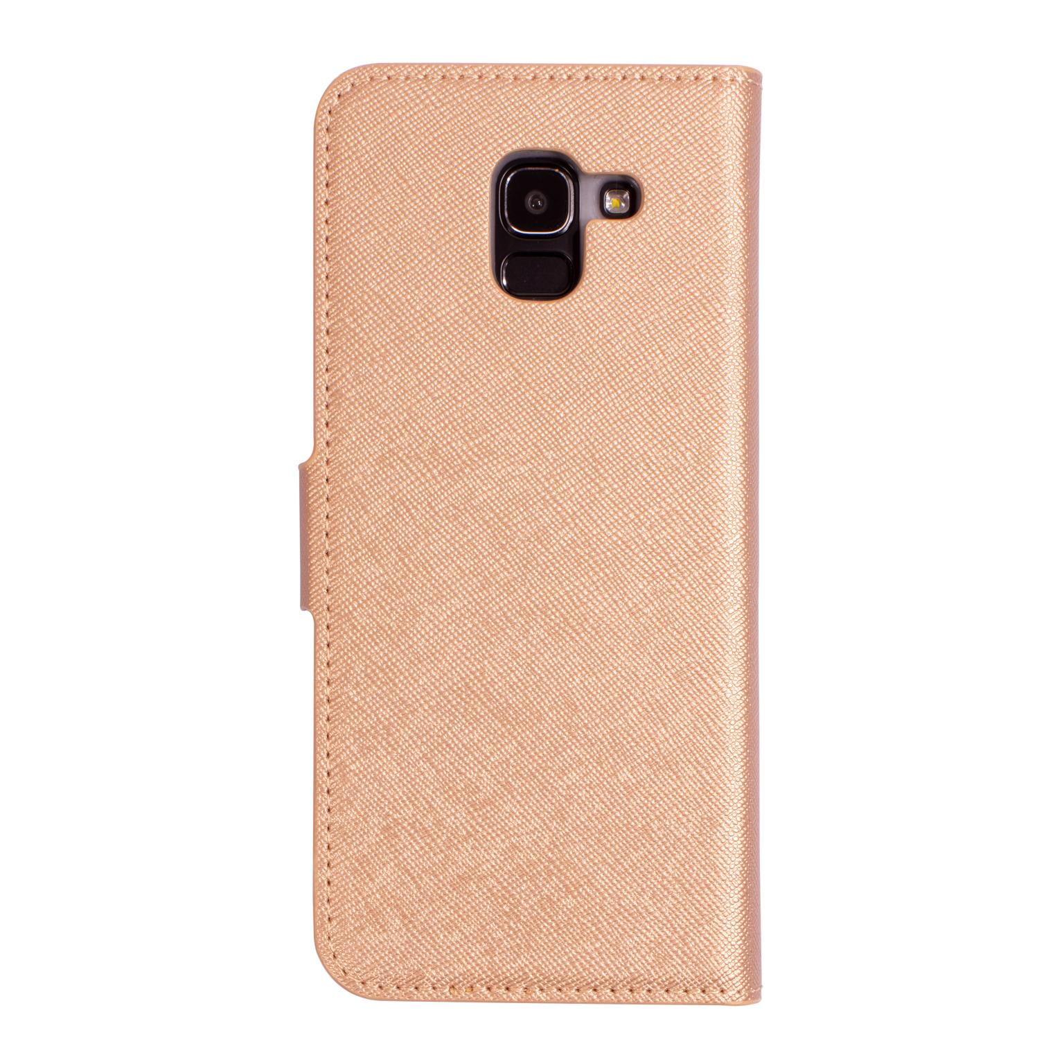 Een roségouden telefoonhoes-portemonnee met camera-uitsparing, op een witte achtergrond.