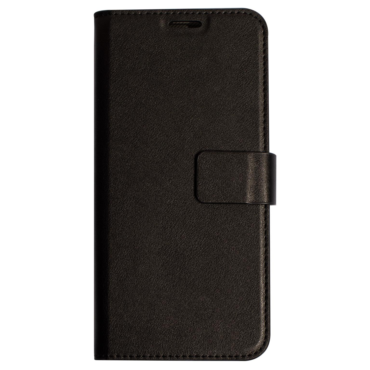 Zwarte leren telefoonhoes. Hij is gesloten met een magnetische sluiting.