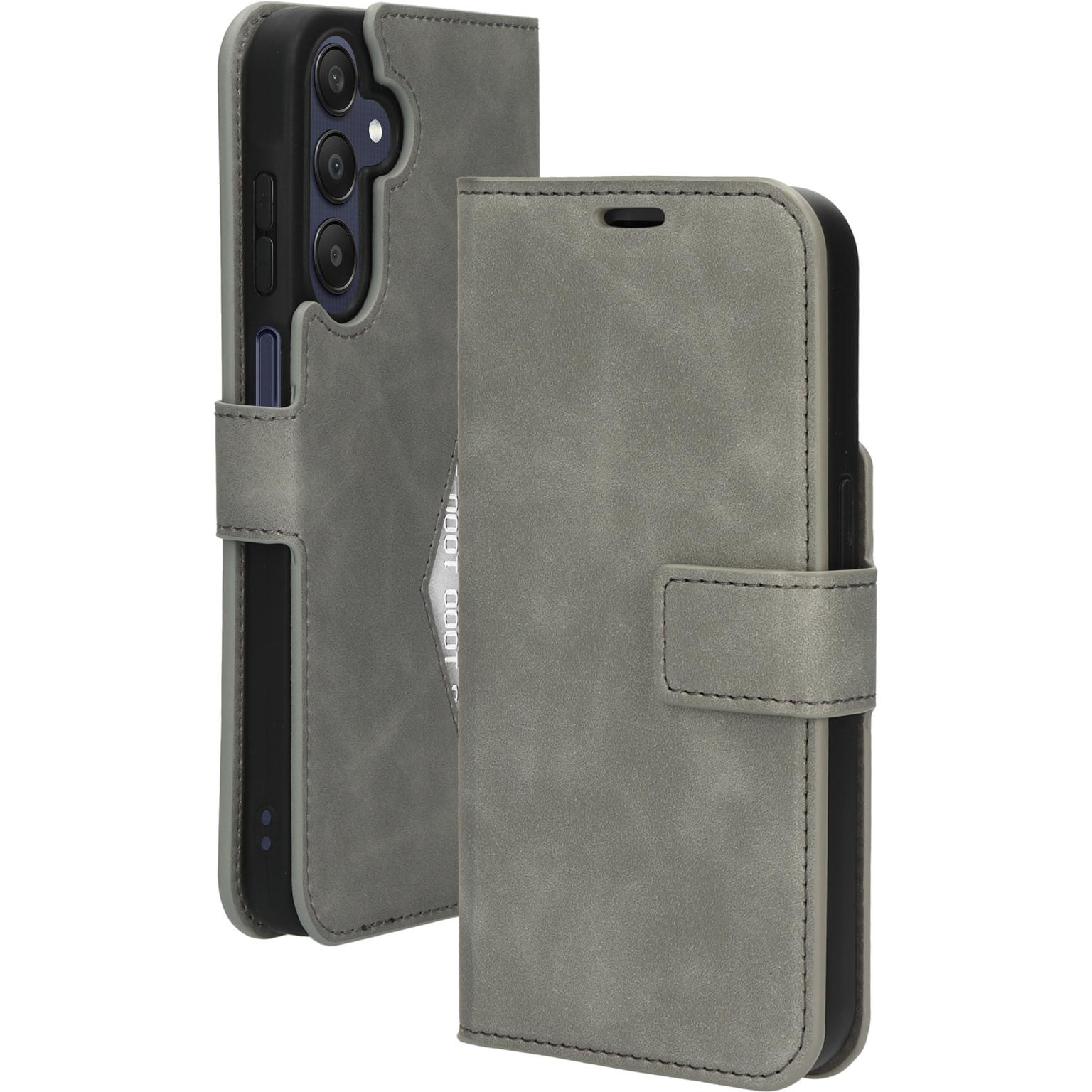 Grijze telefoonhoes, voor- en achterkant open, met een telefoon.