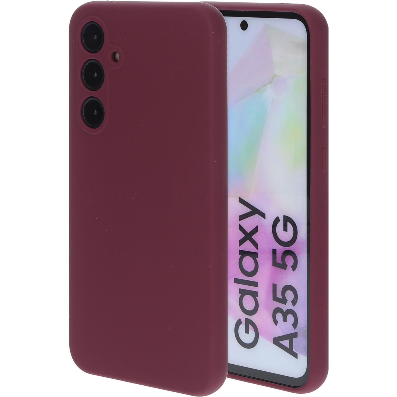 Paarse telefoon met hoesje. Witte achtergrond.