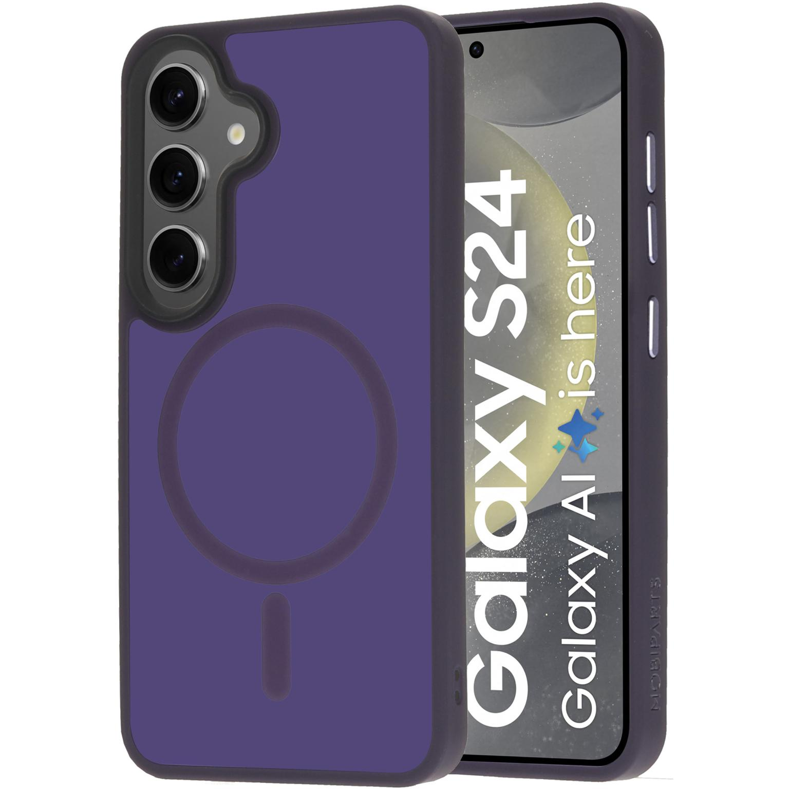 Paarse telefoonhoes met een donkergrijze cirkelvormige magneet en "Galaxy S24" op een telefoon.