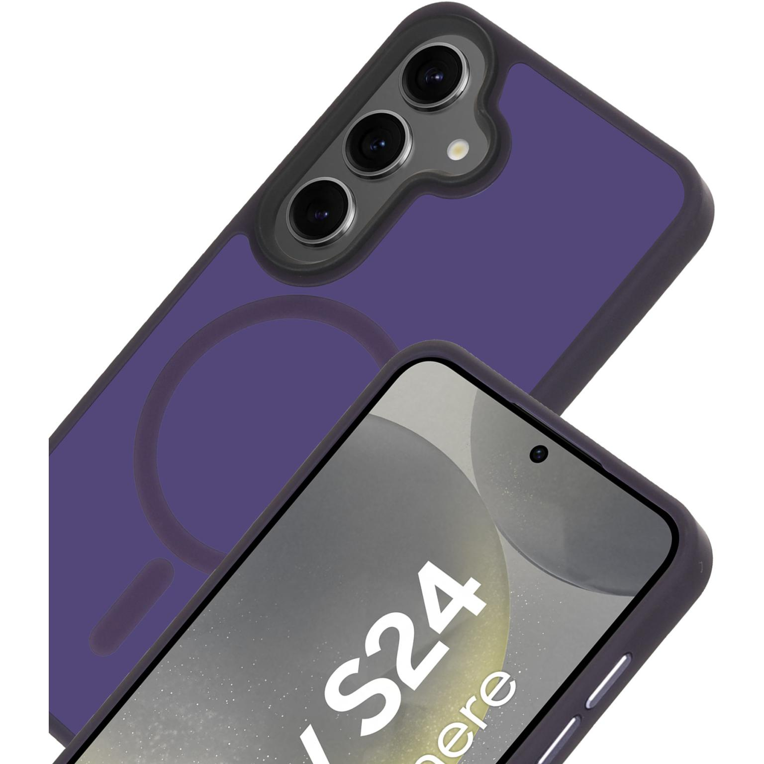 Een telefoonhoesje met een paarse achterkant en een telefoonscherm. Het scherm toont een telefoon.