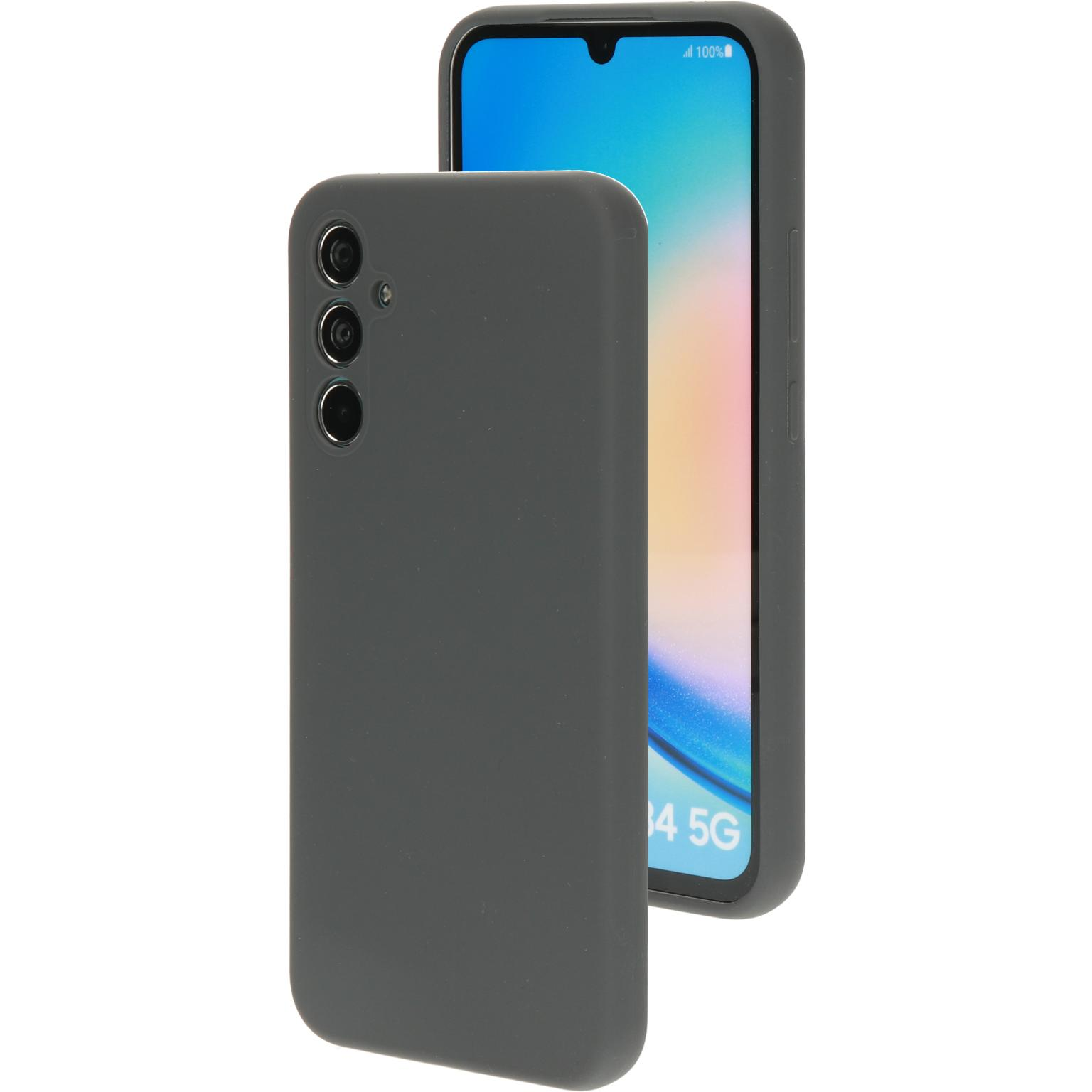 Donkergrijze telefoonhoes met een telefoon erin, op een witte achtergrond.