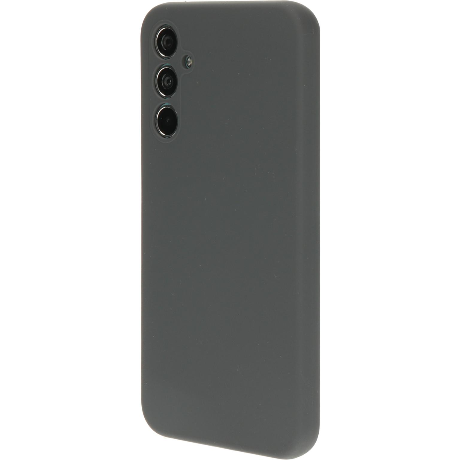 Grijs telefoonhoesje. Het heeft drie camera's aan de achterkant.