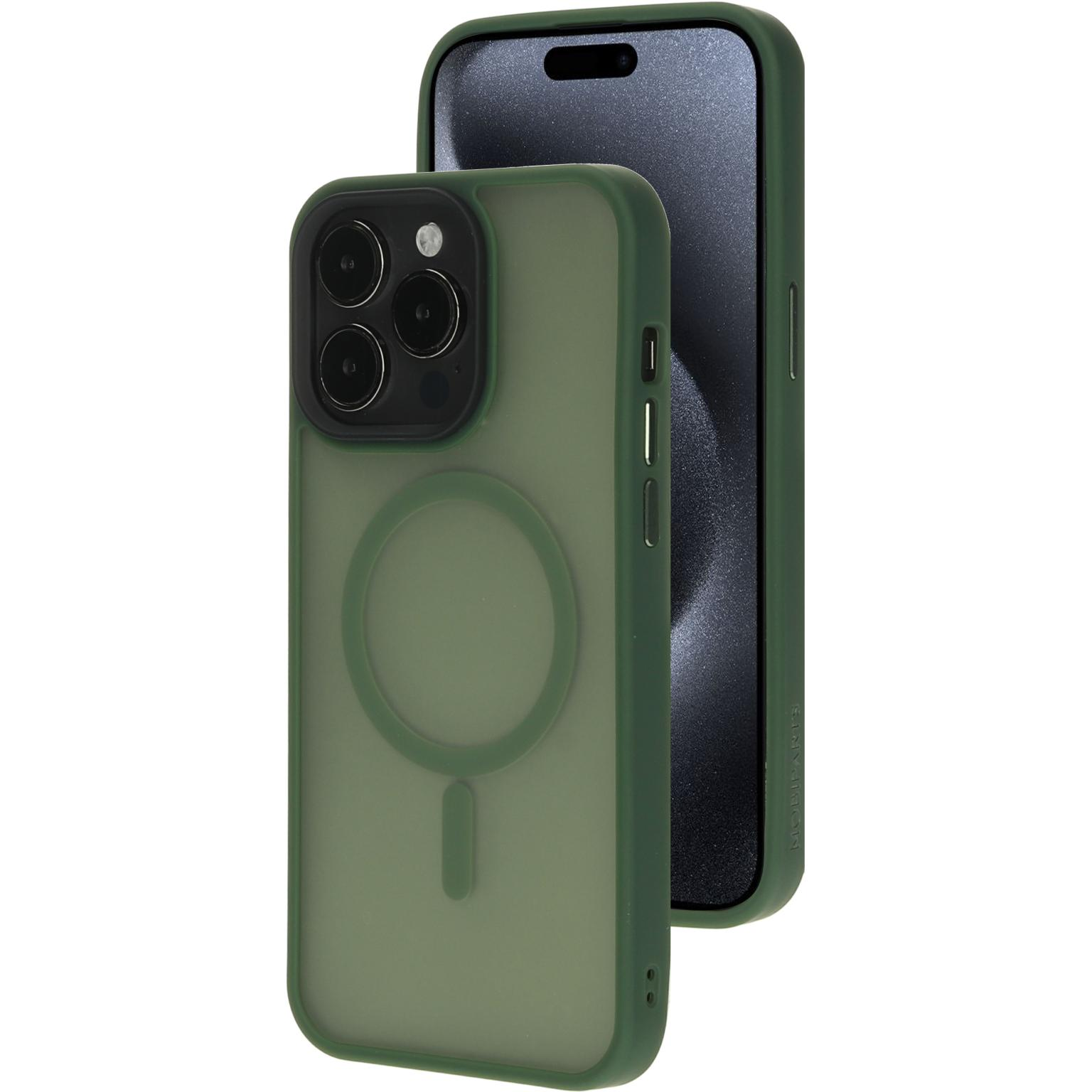 Groene telefoonhoes met een telefoon erin, op een witte achtergrond. Het scherm is zichtbaar.