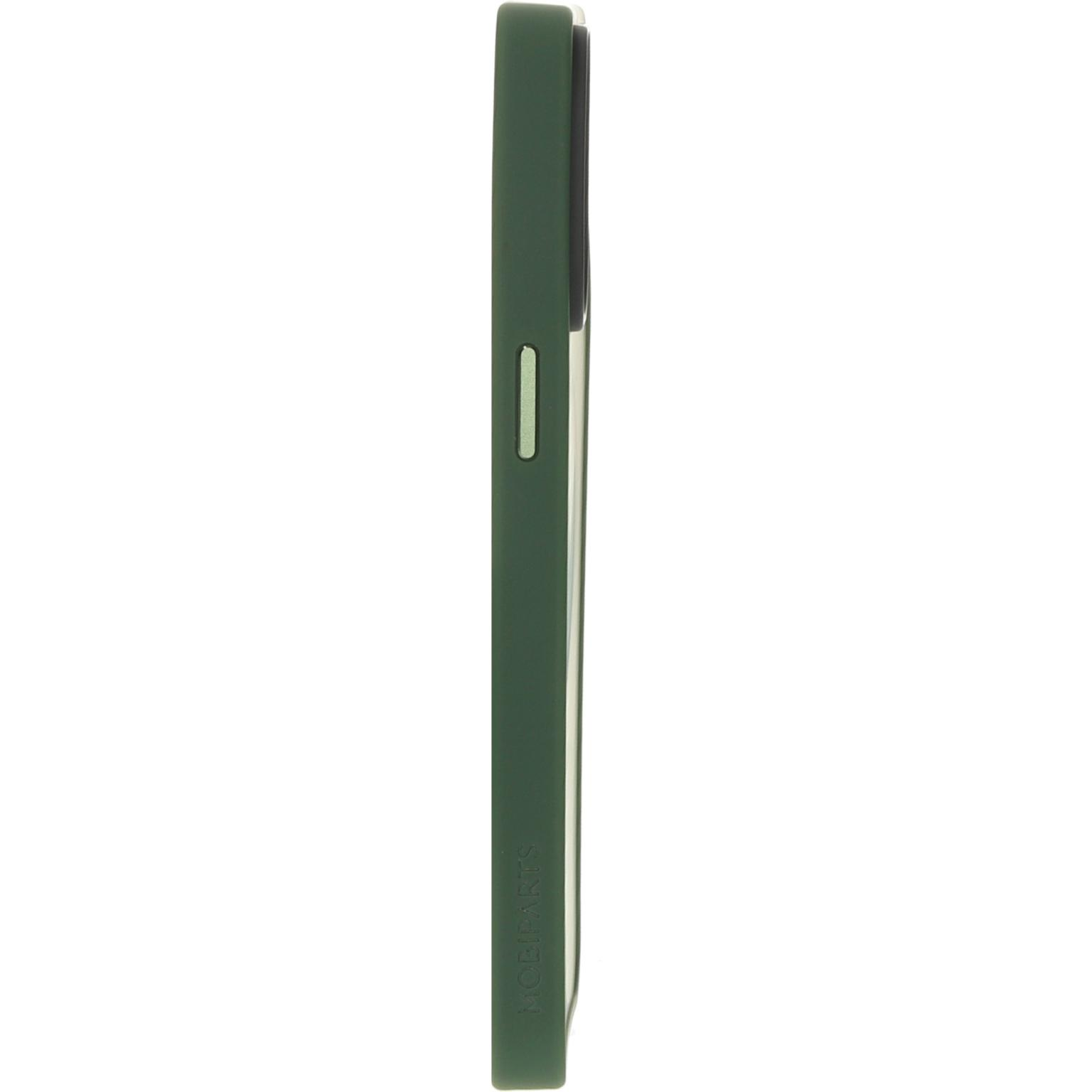 Zijaanzicht van een groene telefoonhoes met volume- en aan/uit-knoppen.