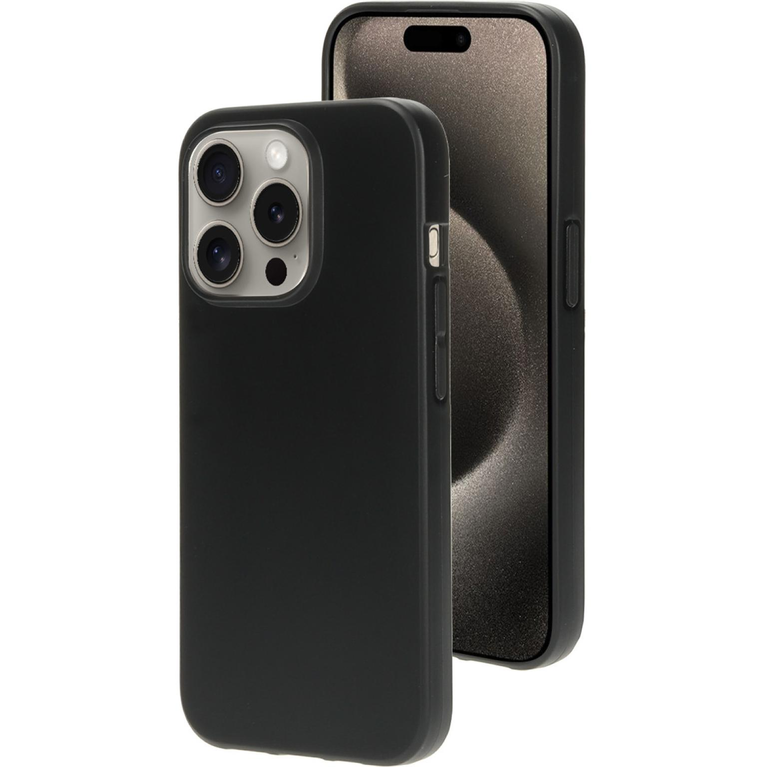 Zwarte telefoonhoes met een telefoon erin, op een witte achtergrond. Het scherm is zichtbaar.