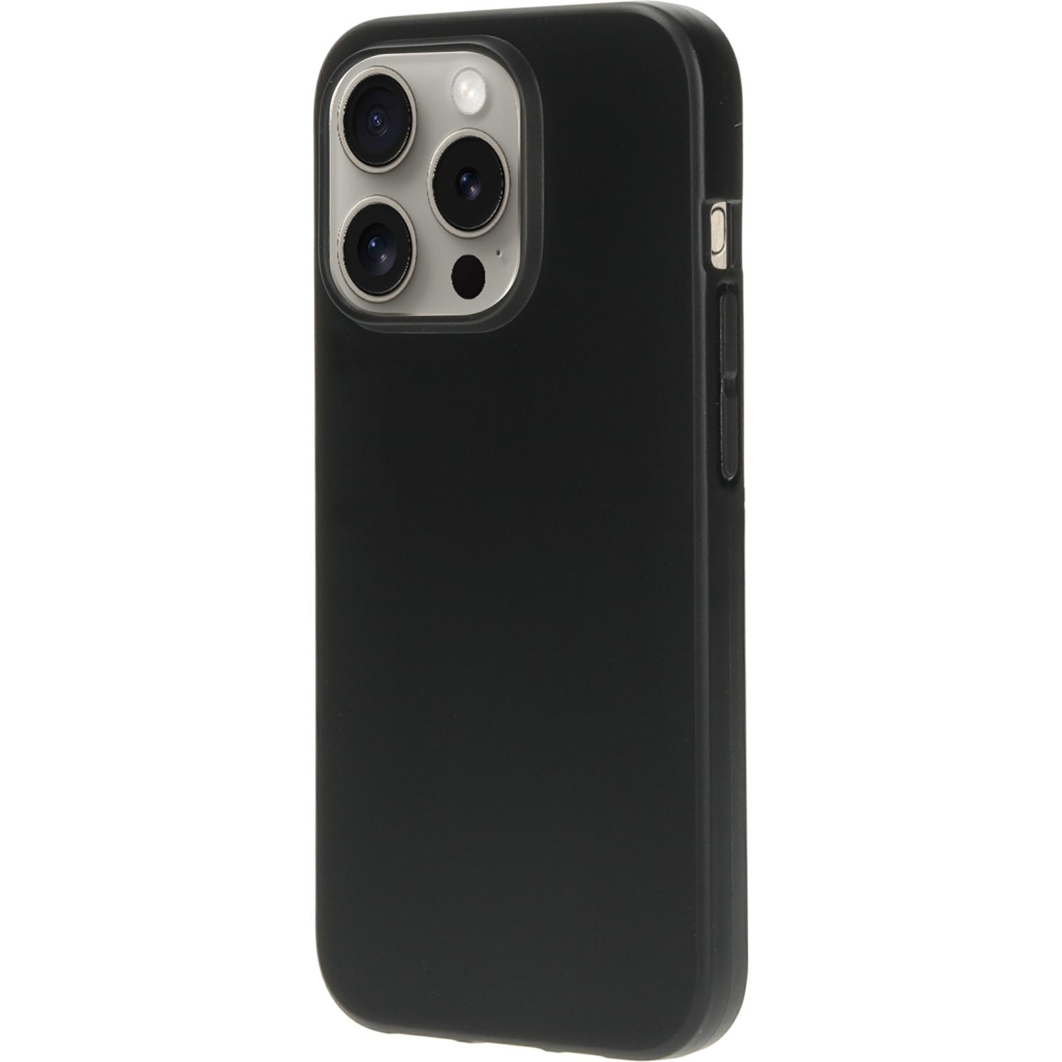 Zwarte telefoonhoes met drie cameralenzen. De hoes is zwart met een glad oppervlak.