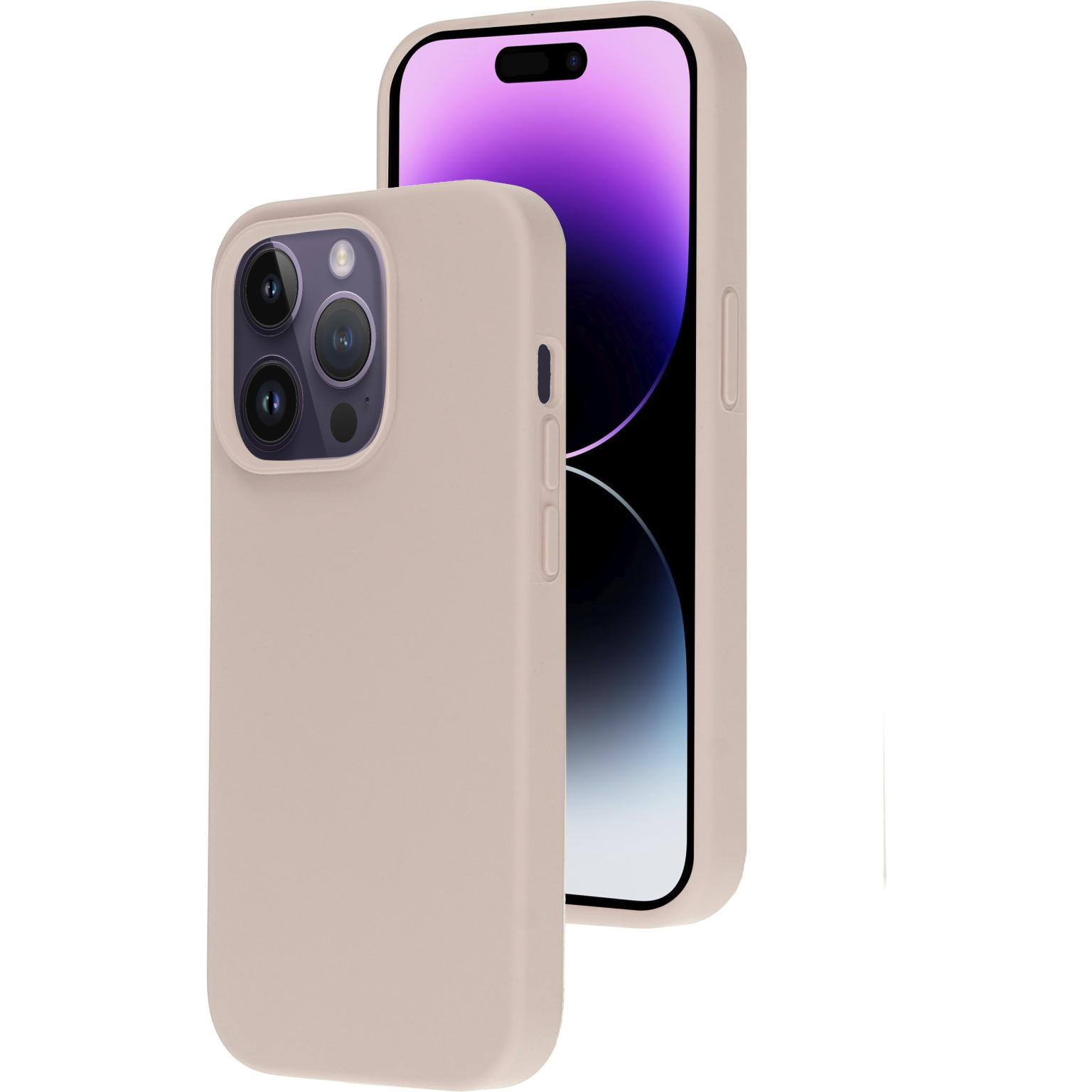Beige telefoonhoesje met telefoon erin. Het scherm is zichtbaar.