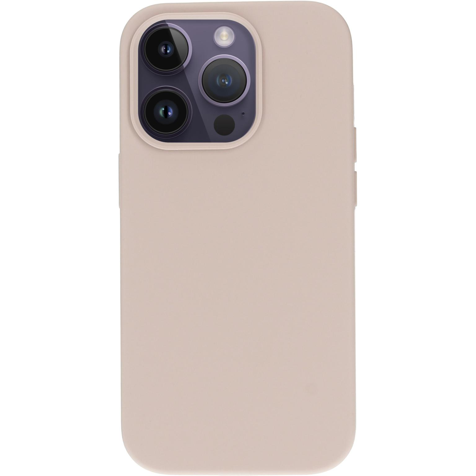 Roze telefoonhoesje met drie camera's en een flitser. De telefoon ligt omhoog.