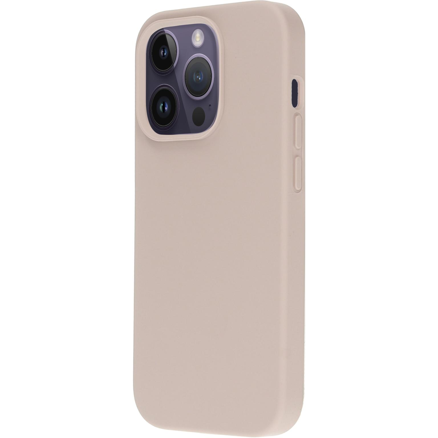 Beige telefoonhoes met drie cameralenzen en flitser. Witte achtergrond.