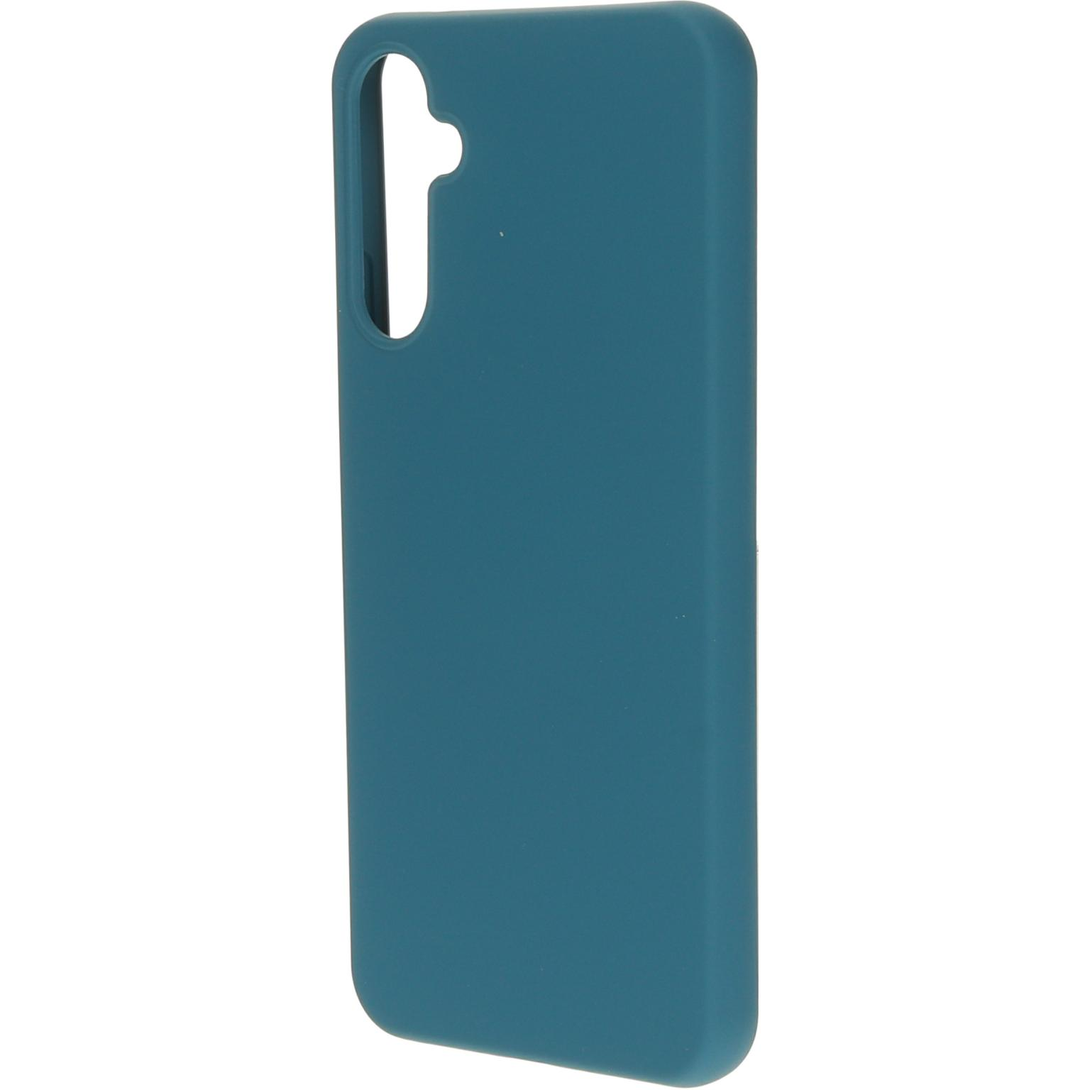 Teal telefoonhoesje. De hoes is effen teal van kleur en bedekt de achterkant en zijkanten van een telefoon.