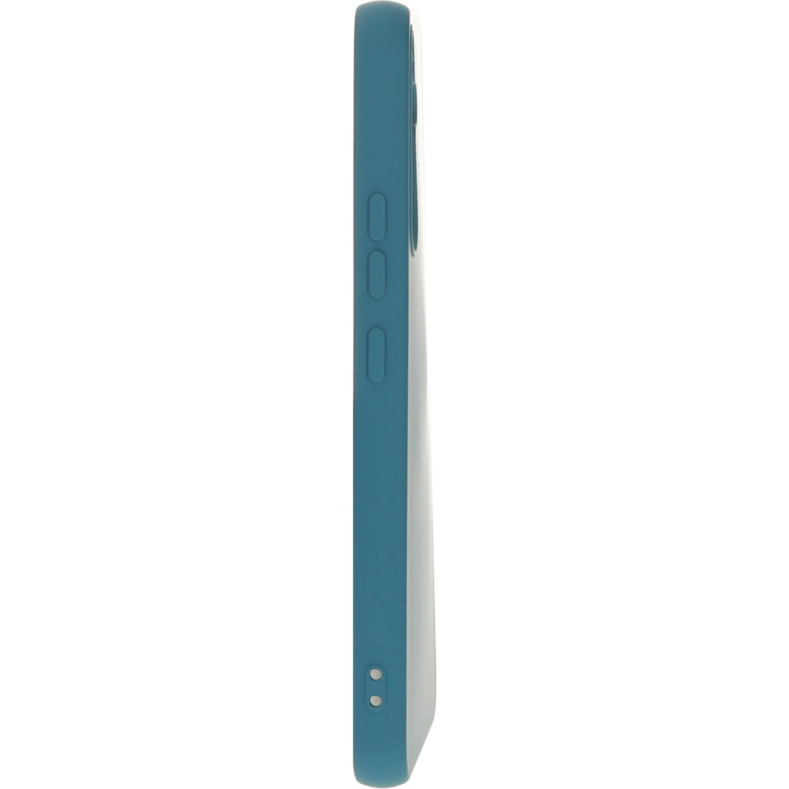 Een zijaanzicht van een blauwgroene telefoonhoes met knoppen en gaten.
