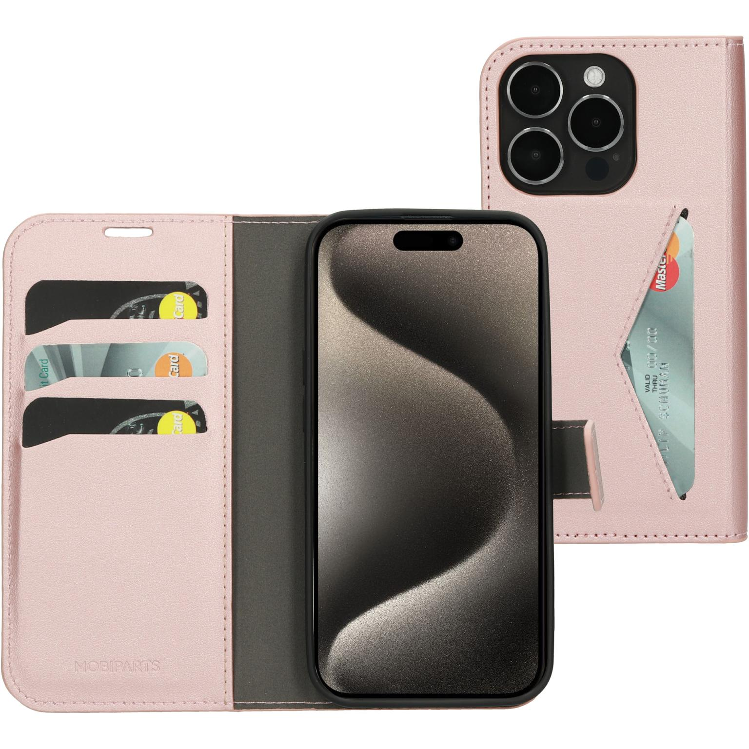 Roze telefoonhoes met een telefoon erin. Drie kaartsleuven en een creditcard in de hoes. MOBIPARTS logo zichtbaar.