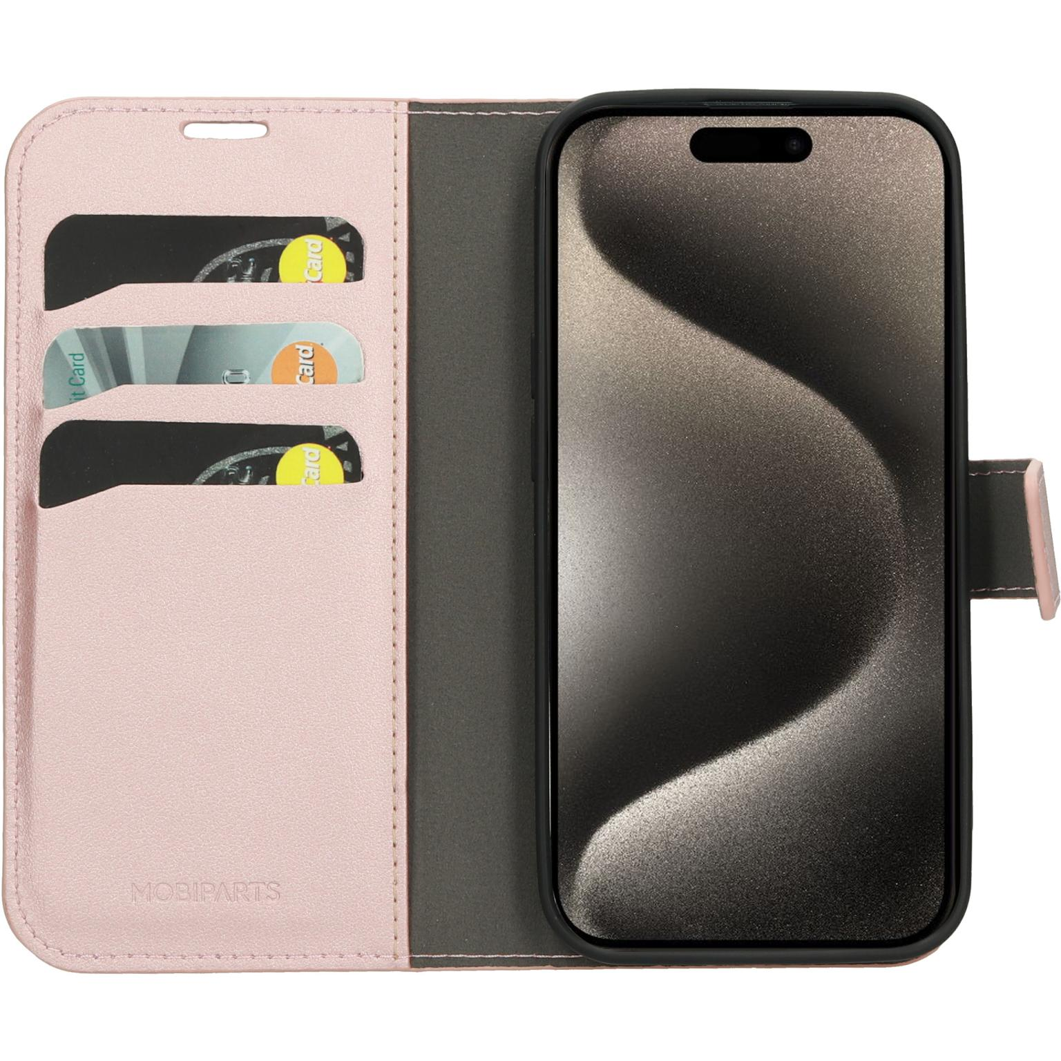 Roze portemonnee telefoonhoes, open, met kaarten en een zwarte telefoon. Magneetsluiting.