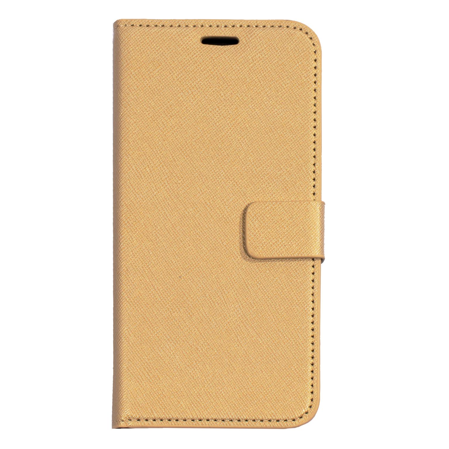 Gouden telefoonhoes, gesloten. Magnetische sluiting. Textuur.