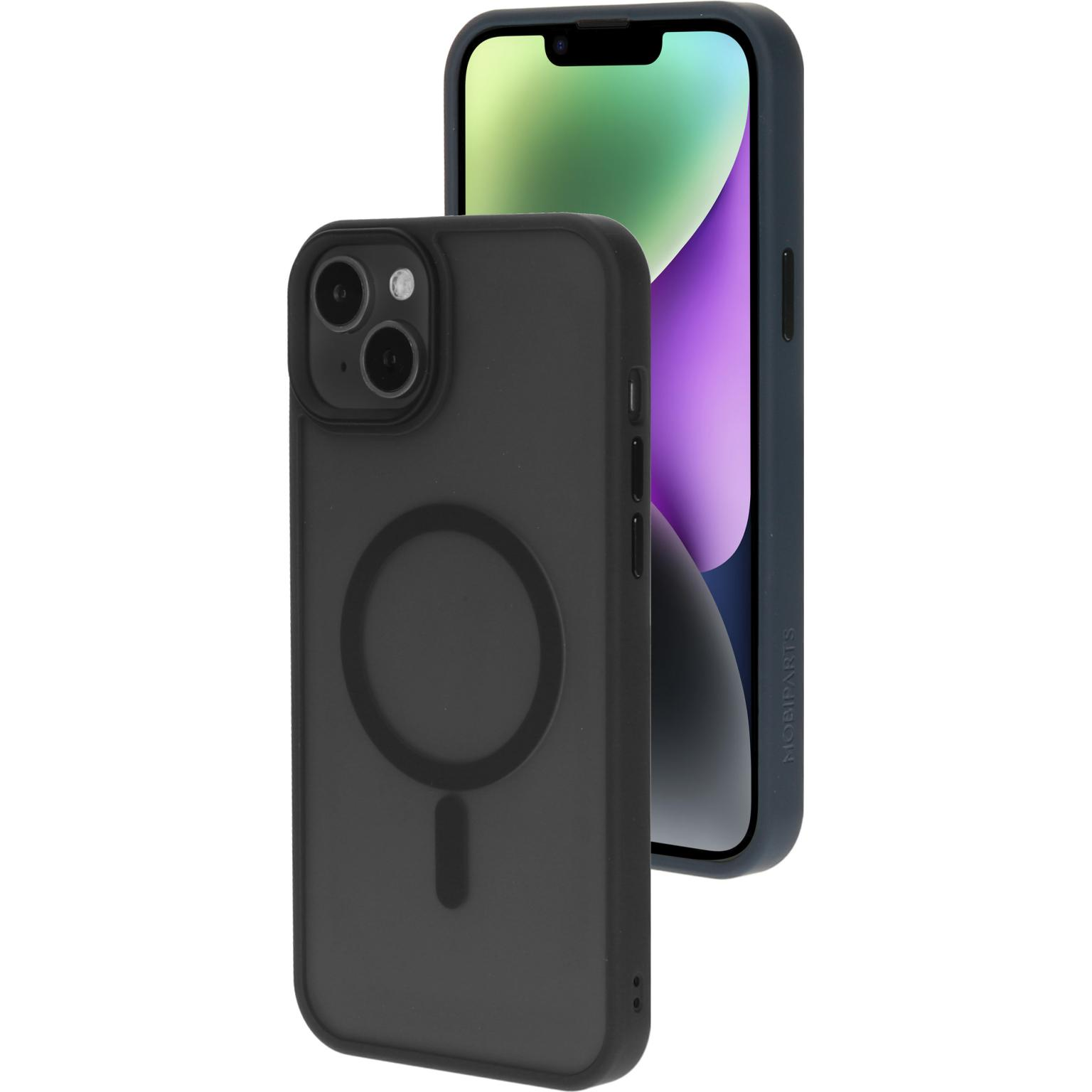 Zwarte telefoonhoes en telefoon. De hoes heeft een magnetisch cirkelontwerp.