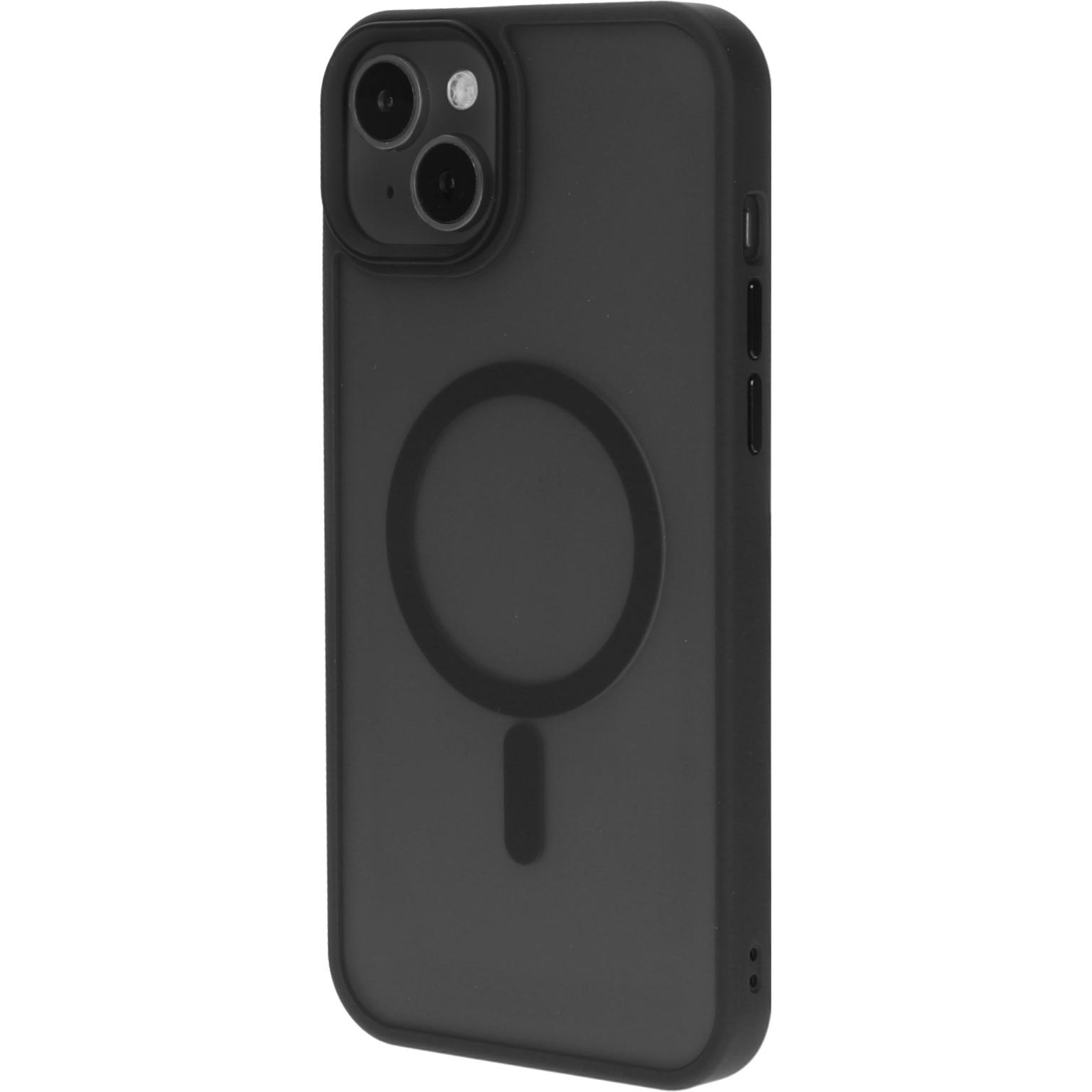 Zwarte telefoonhoes met een magnetische cirkel en uitsparing voor de cameralenzen.