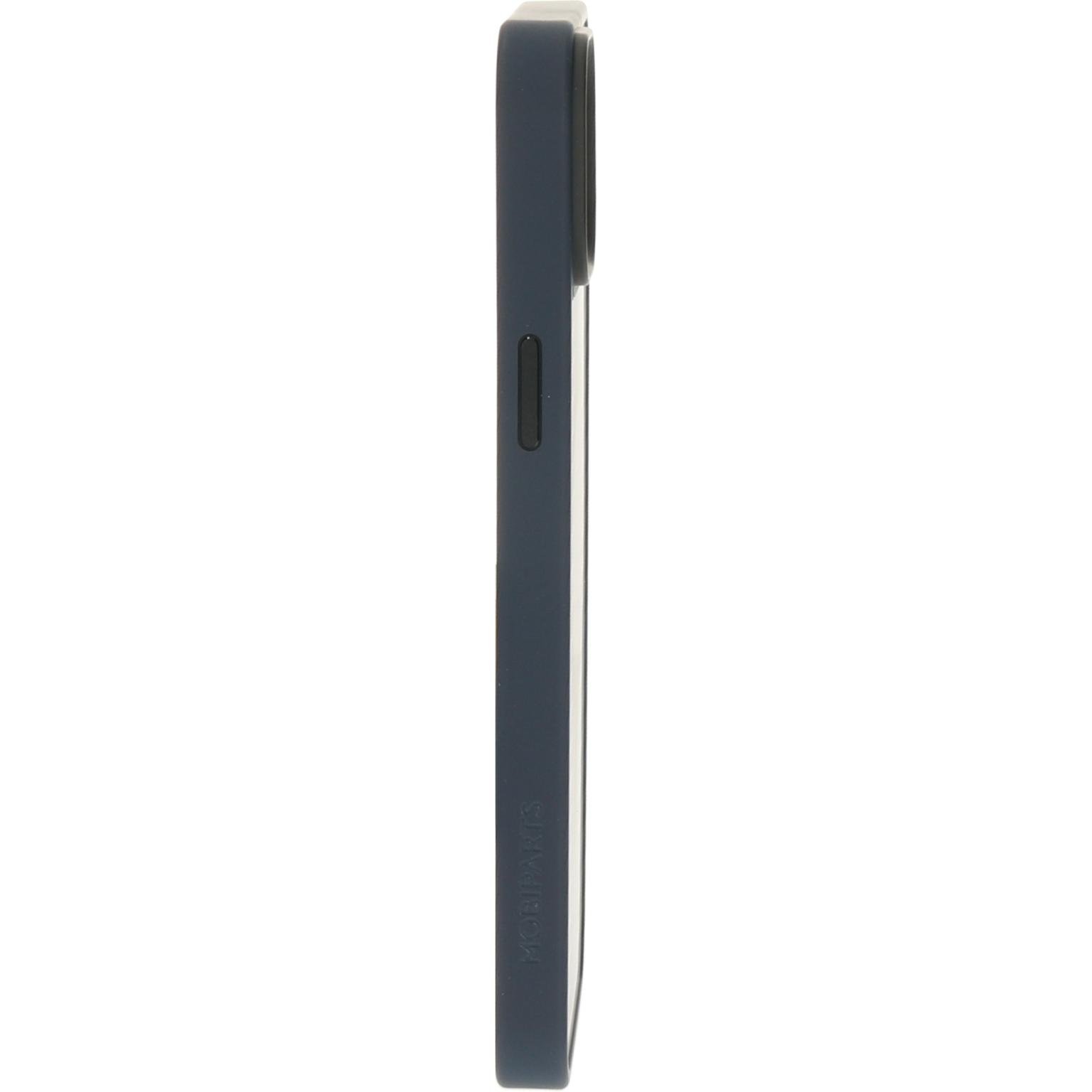 Een donkerblauwe telefoonhoes. Toont de zijkant met een knop en het MOBIPARTS logo.
