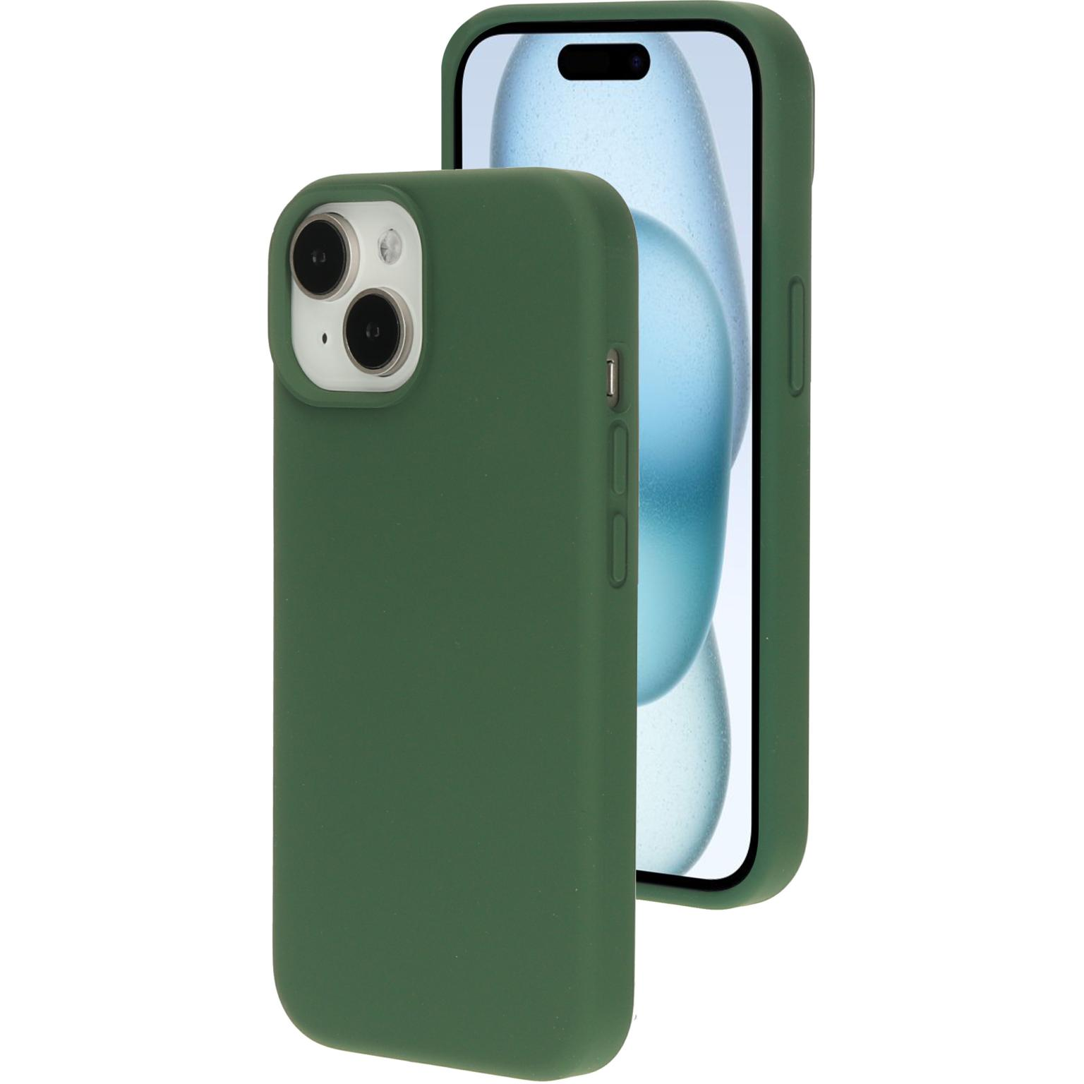 Groene telefoonhoes links, een andere telefoon erachter. Beide voor een witte achtergrond.