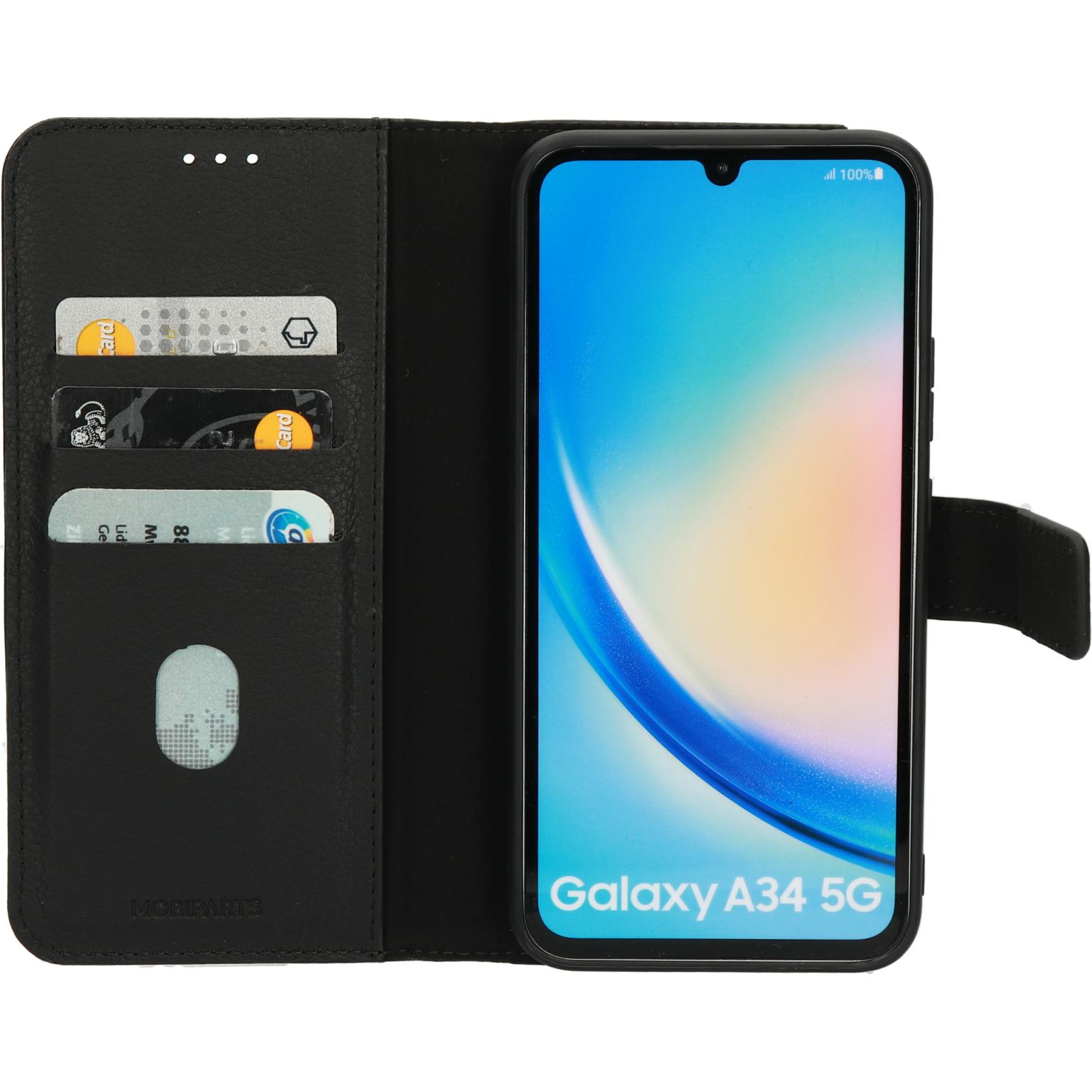 Een zwarte portemonnee telefoonhoes open. Toont kaarten en het telefoonscherm.