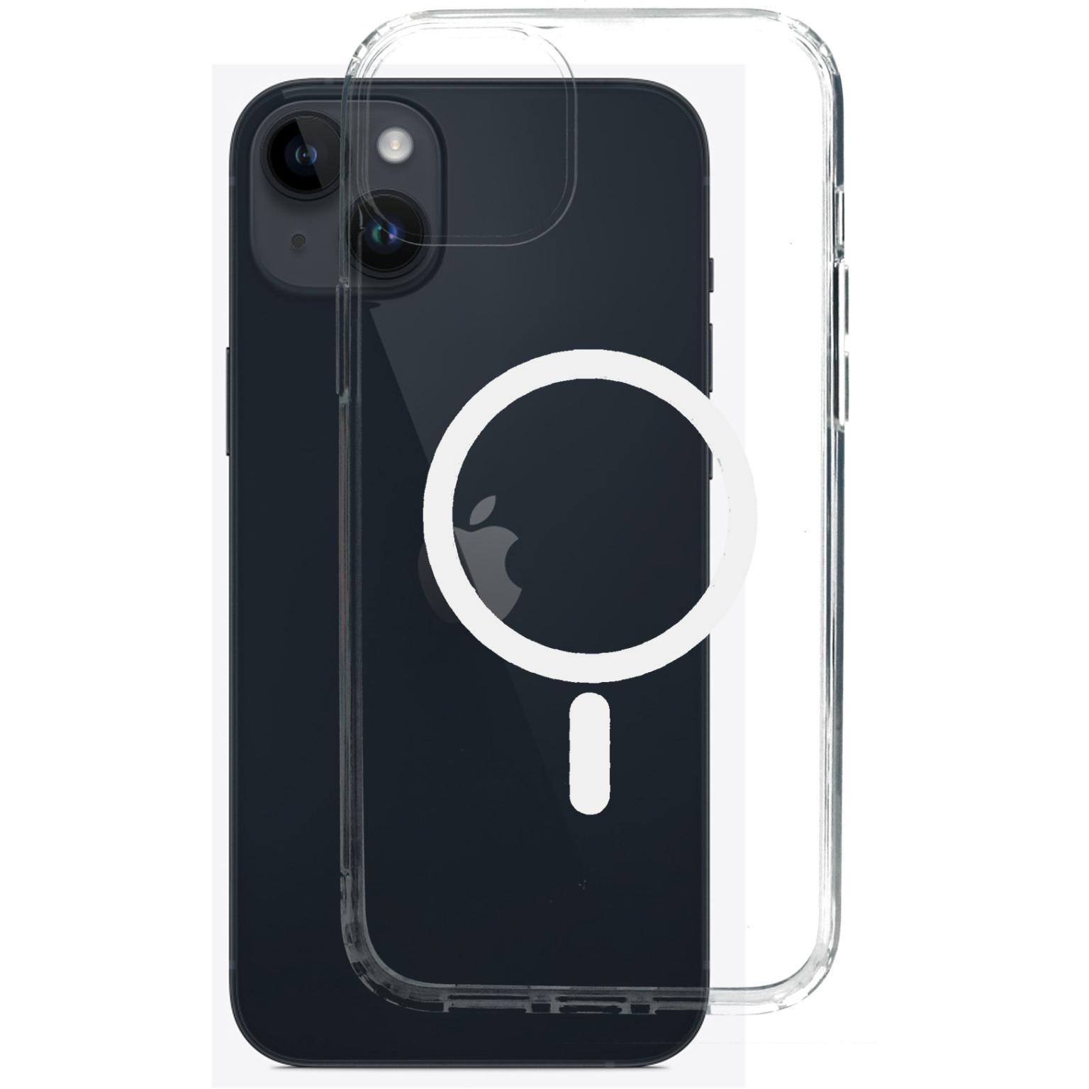 Transparante telefoonhoes op een zwarte telefoon, met een magnetische cirkel en Apple-logo.