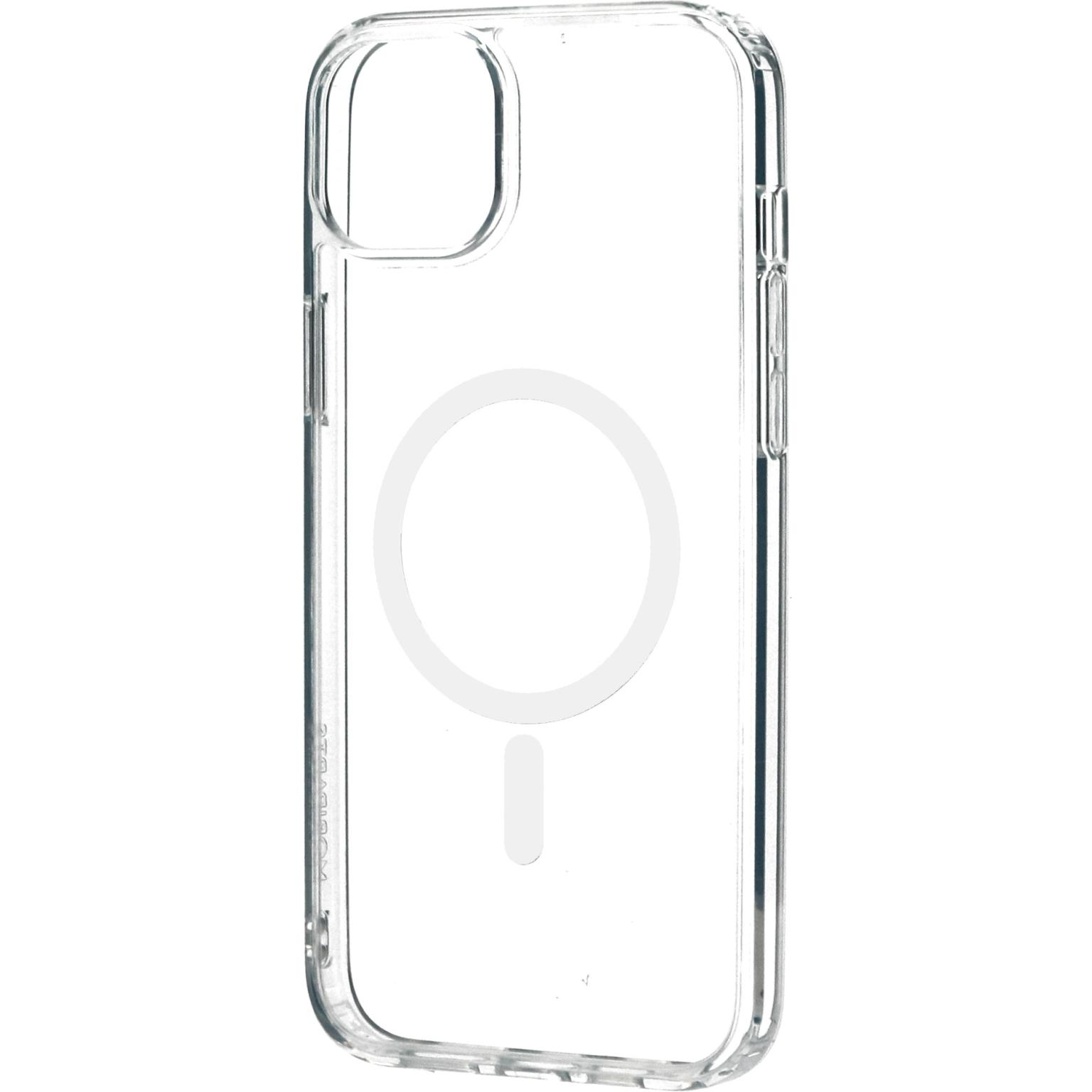 Transparante telefoonhoes met een witte cirkel en een kleiner wit streepje op de achterkant. Voor een Apple iPhone.