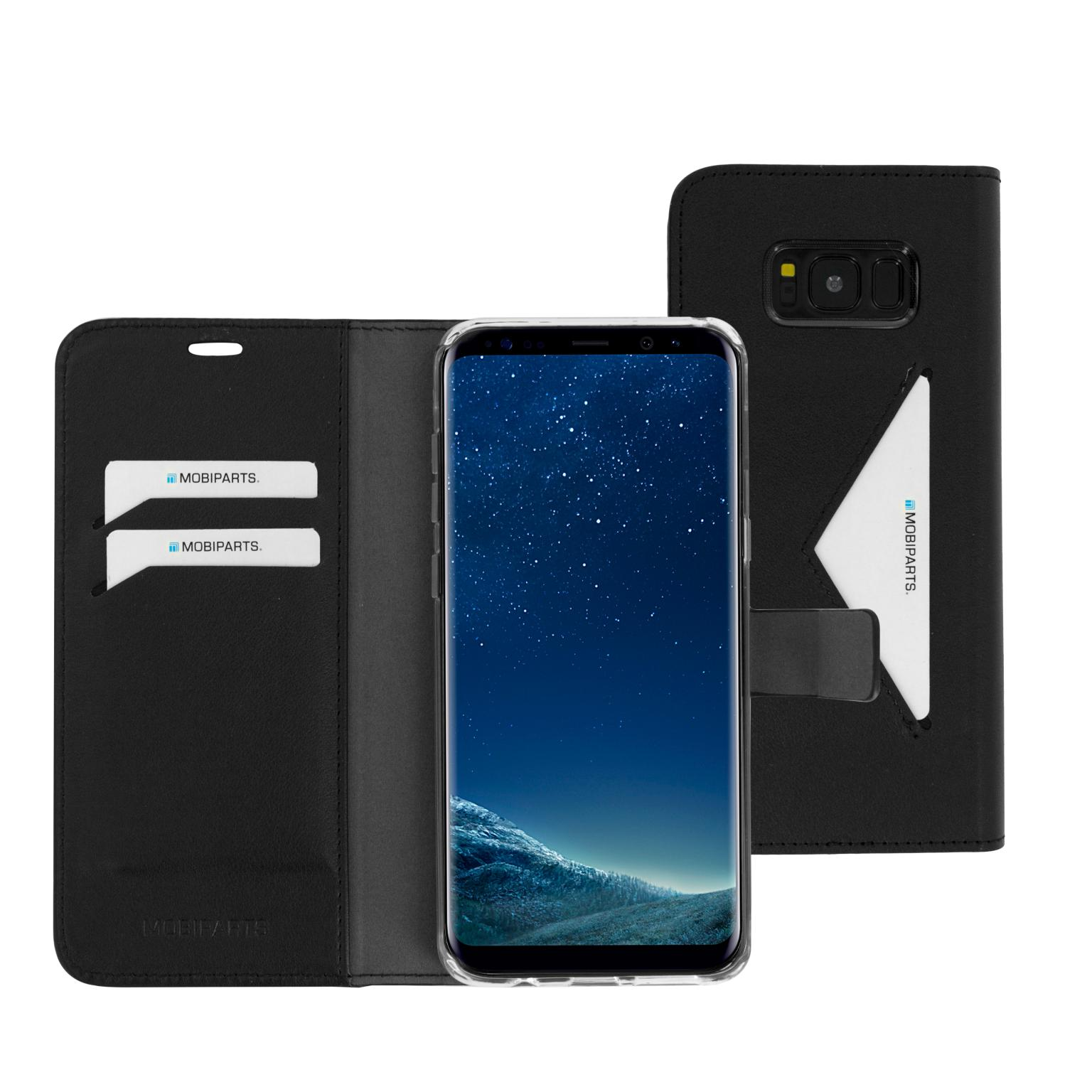 Zwarte telefoonhoes met telefoon erin. Kaarten en MOBIPARTS logo zichtbaar.