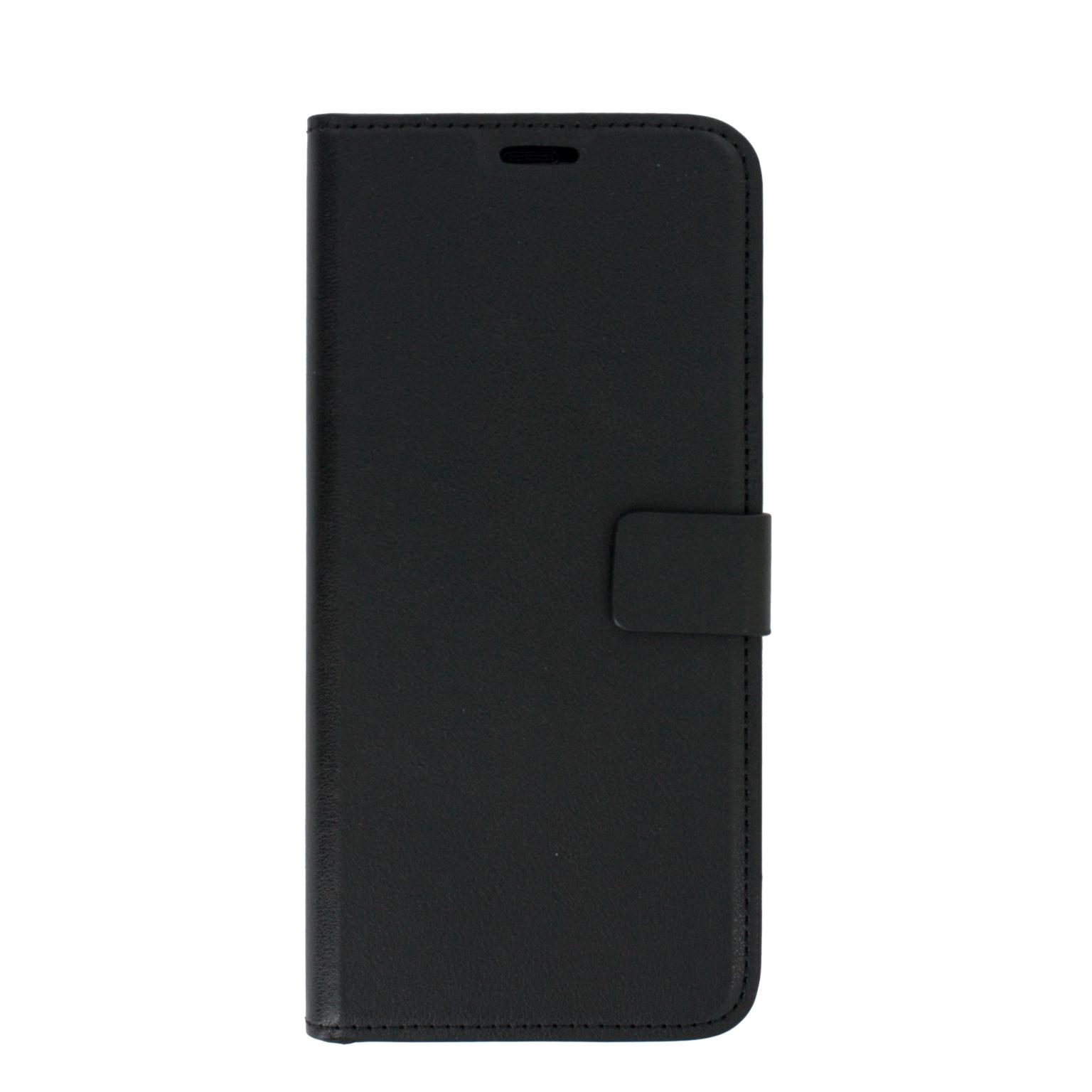 Zwarte telefoonhoes met flap. Voorzien van magnetische sluiting, eenvoudig en strak.