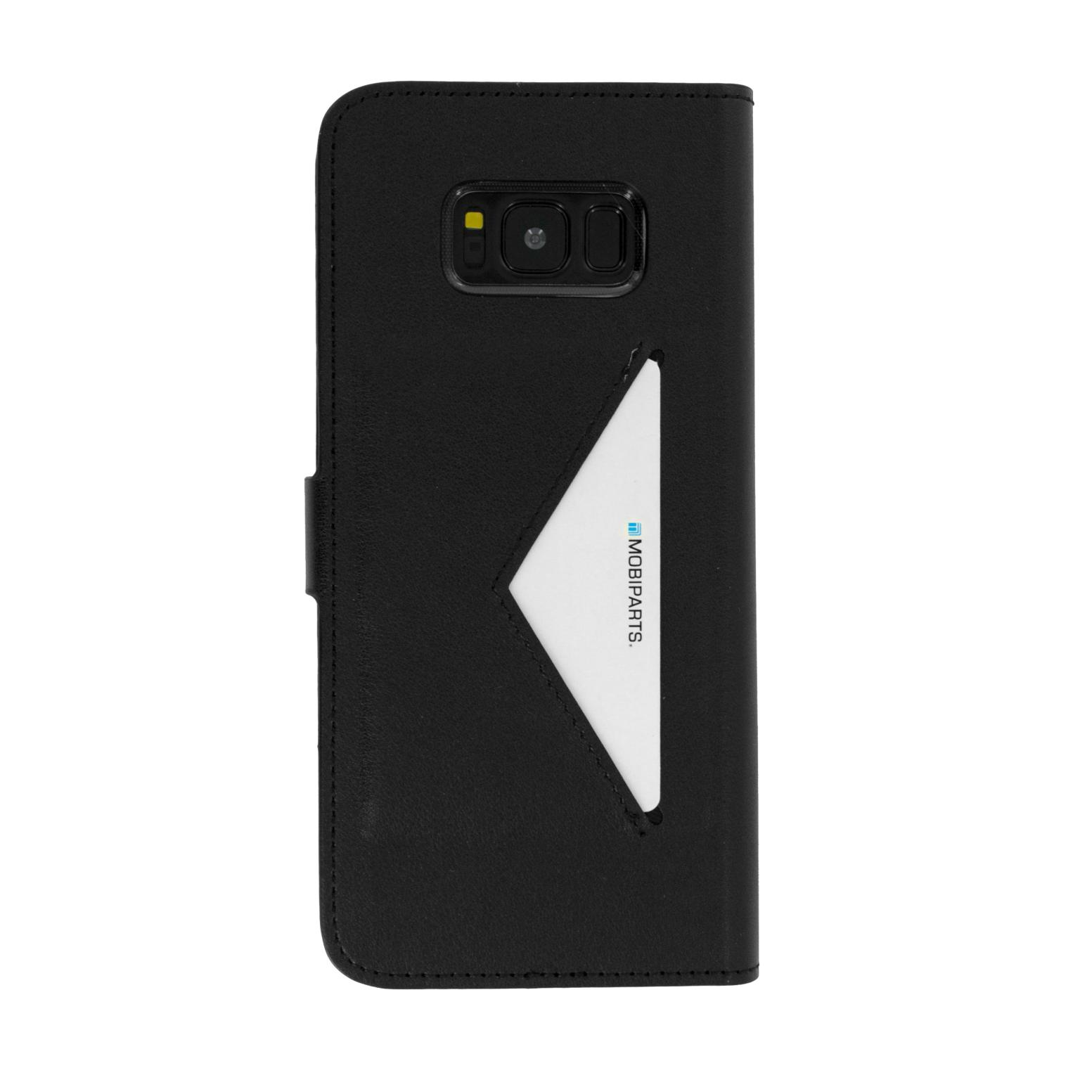 Een zwarte telefoonhoes open. Toont een witte kaart in de kaartsleuf.