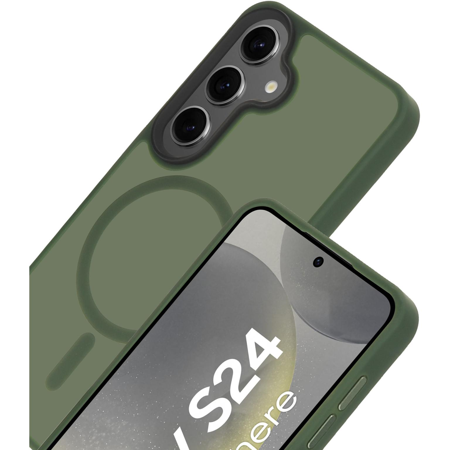 Groene telefoonhoes met MagSafe-ontwerp en telefoon. De hoes is olijfgroen.