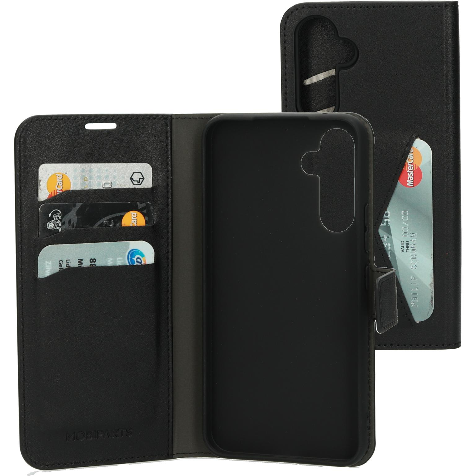 Zwarte telefoonhoes, open, met kaarten en een telefoon. Binnenkant grijs, Mastercard zichtbaar.
