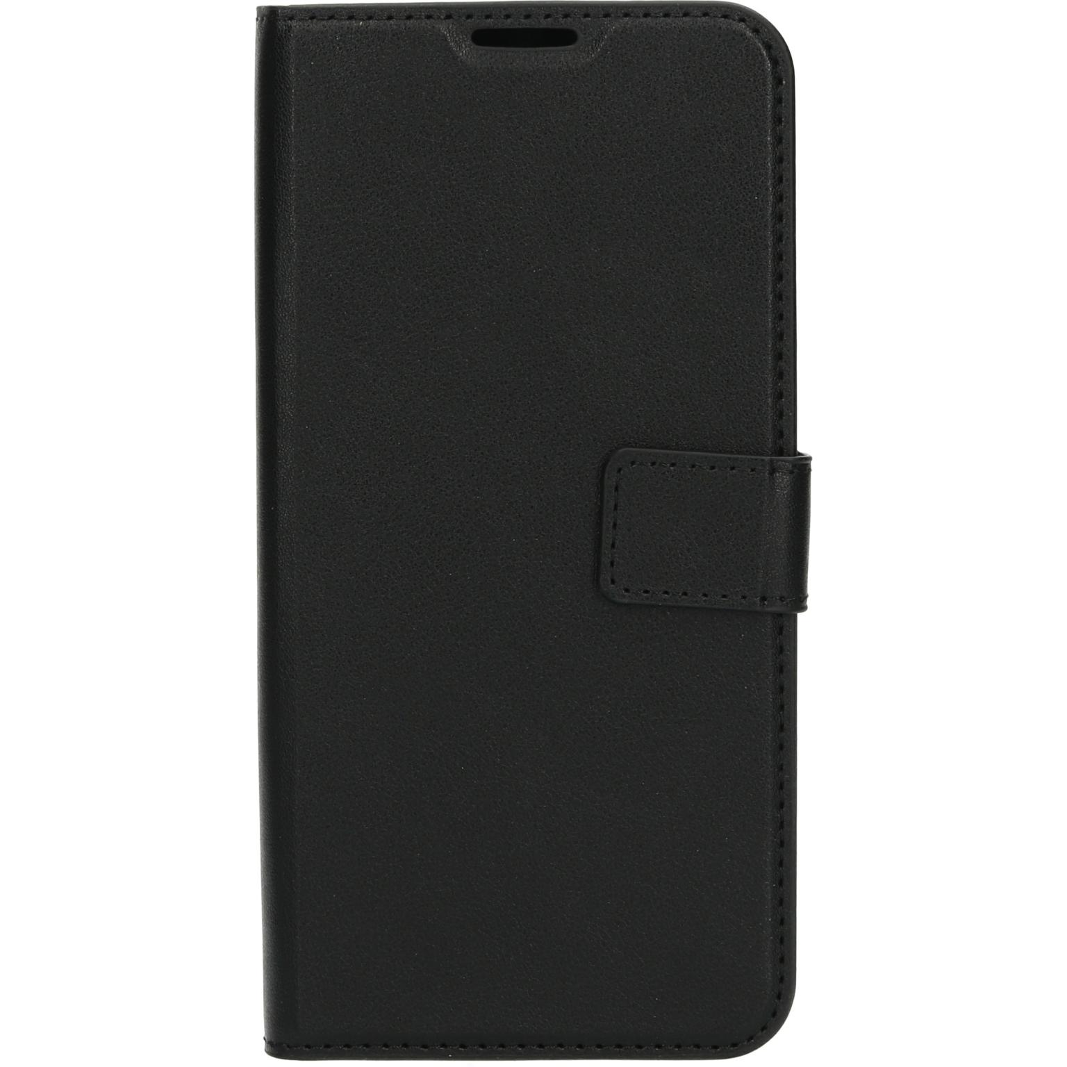 Zwarte telefoonhoes, gesloten, met magneetsluiting.