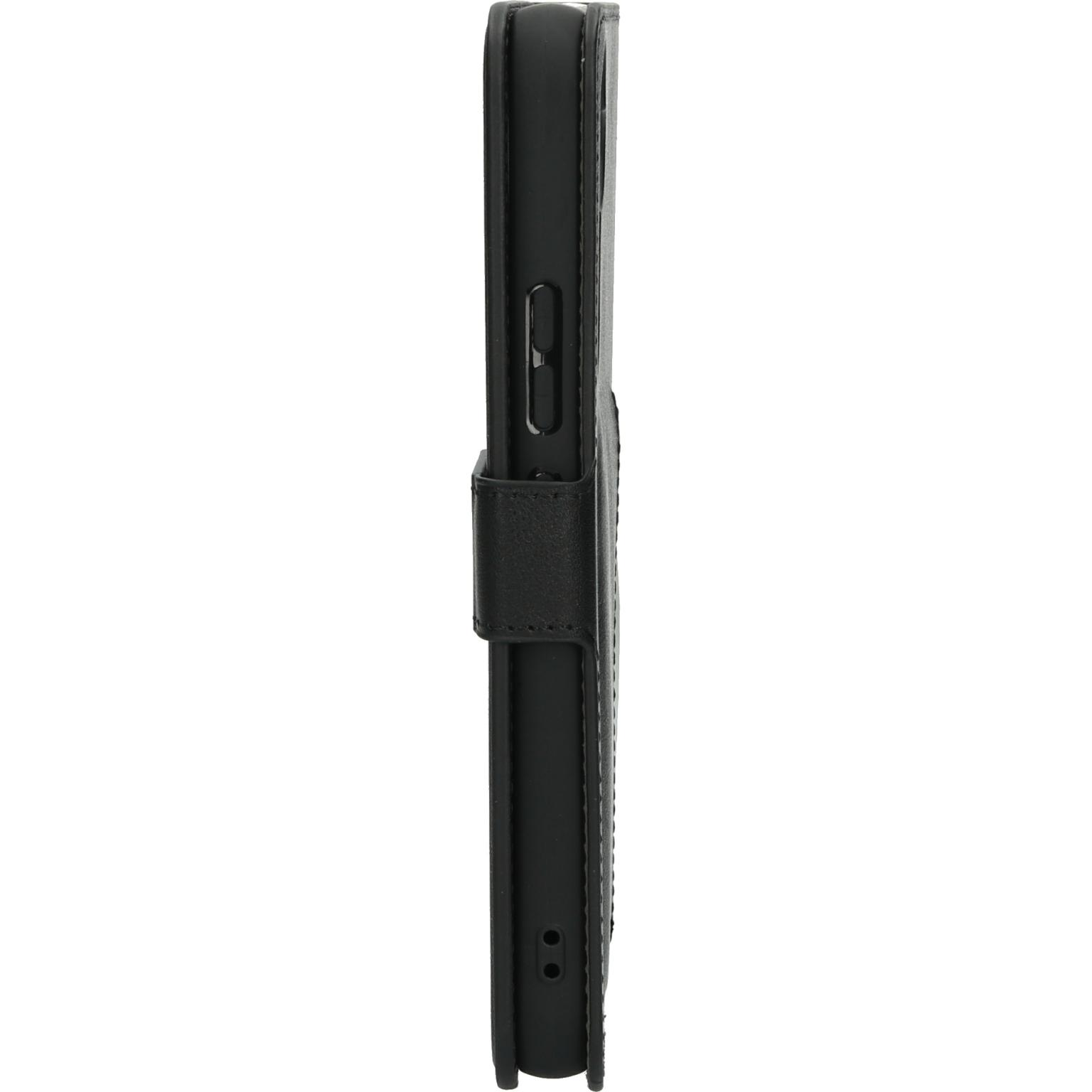 Zwarte leren telefoonhoes in portemonnee-stijl. De hoes is gesloten en toont de zijkant met knoppen.