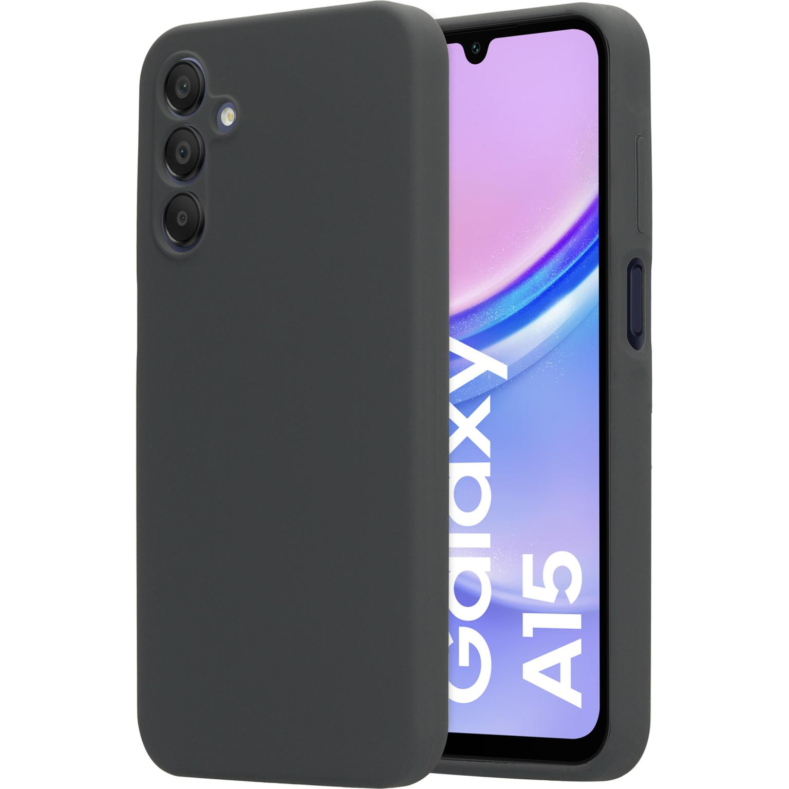 Donkergrijze telefoonhoes. Scherm toont 'Galaxy A15'. Witte achtergrond.