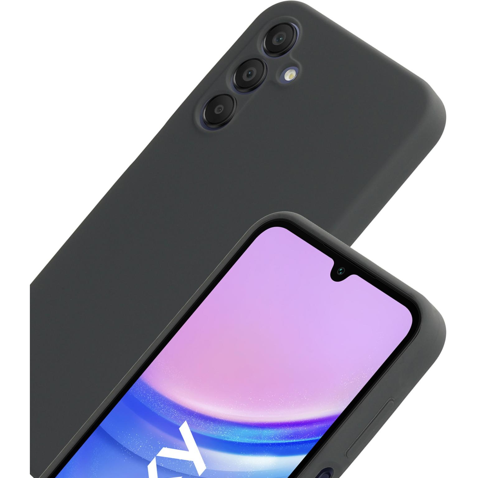 Grijze telefoonhoes op een zwarte telefoon. De hoes ligt bovenop een andere, schuine weergave.