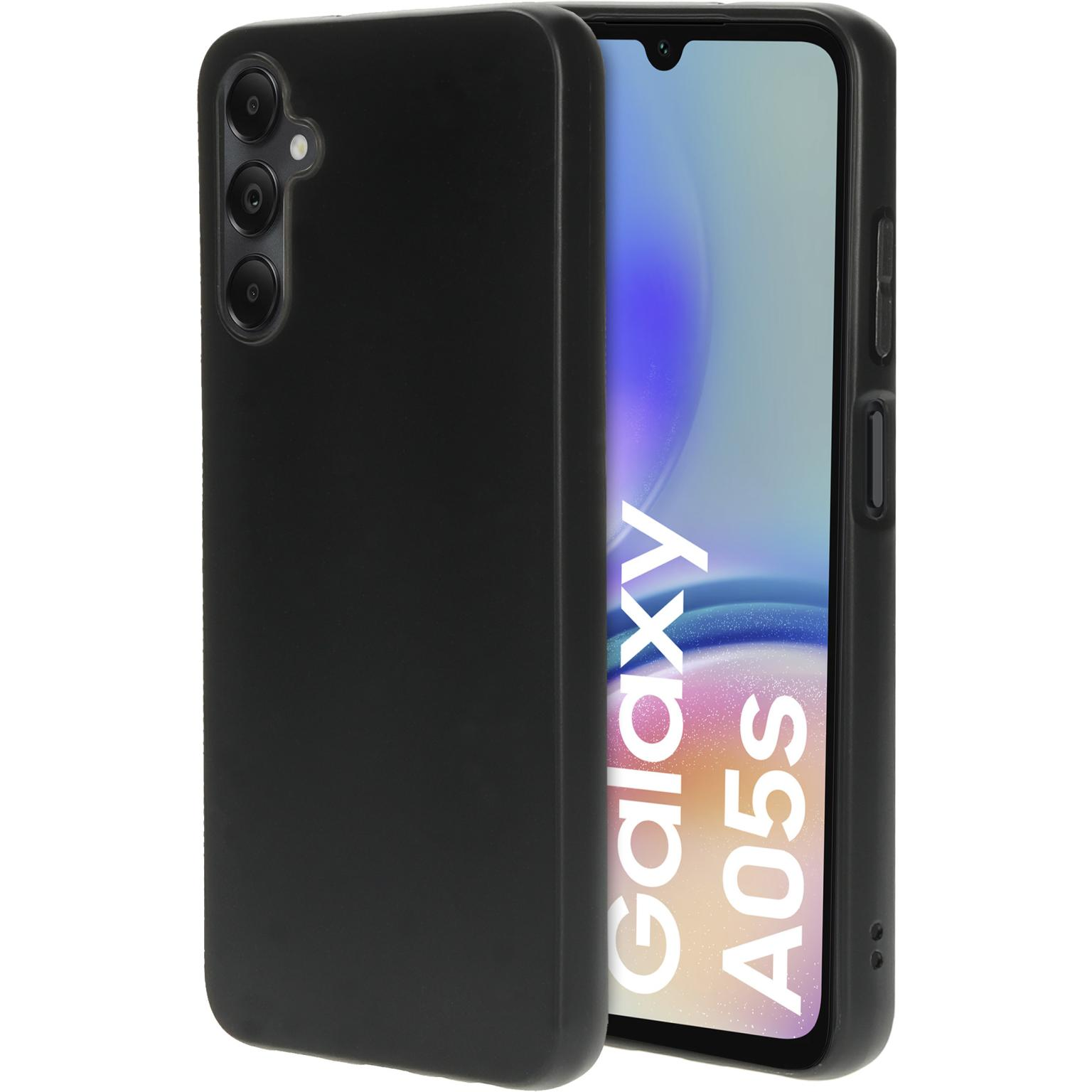 Zwarte telefoonhoes en telefoon met scherm met 'Galaxy A05s'. De hoes is matzwart.