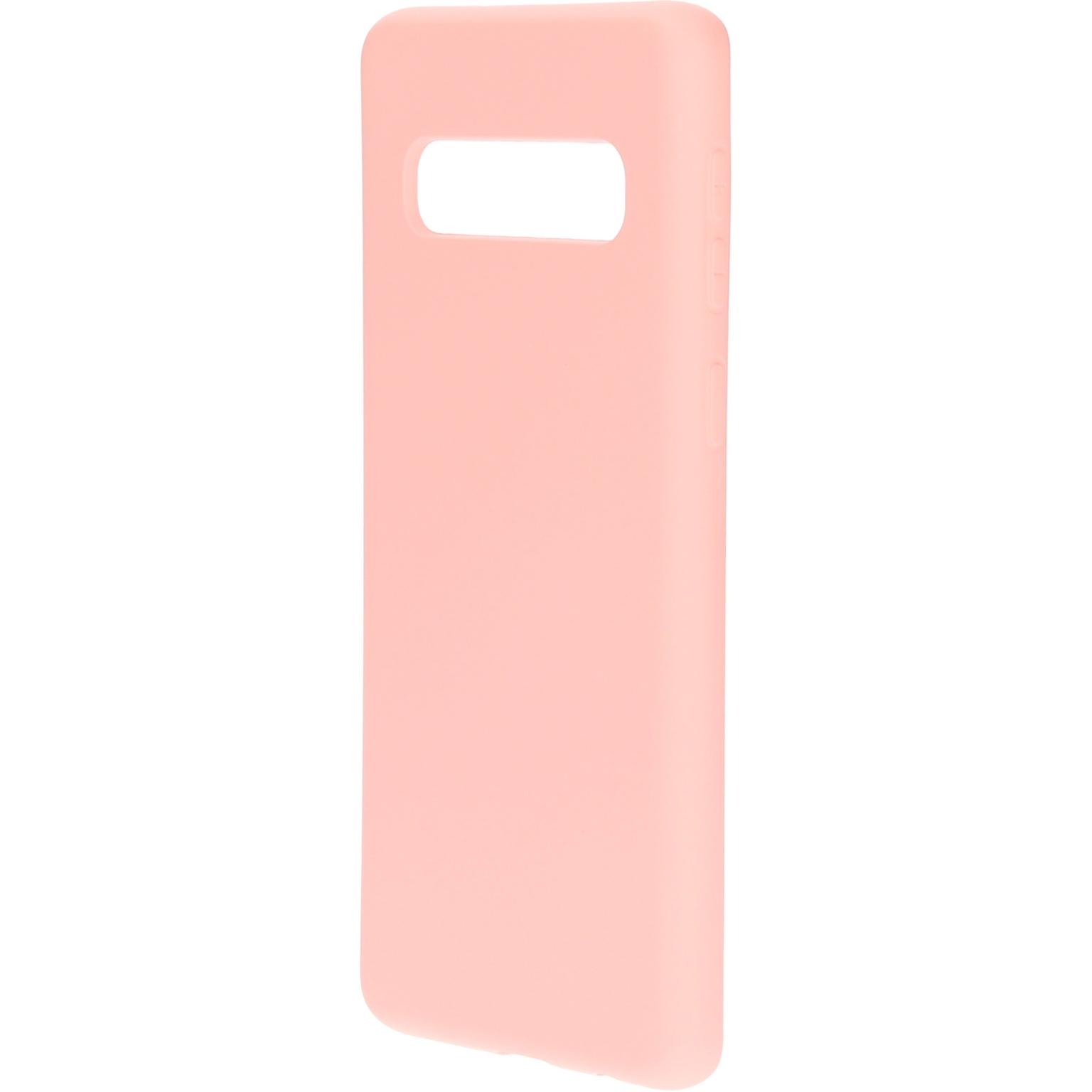 Roze telefoonhoes. De hoes is roze en heeft een uitsparing voor de camera.
