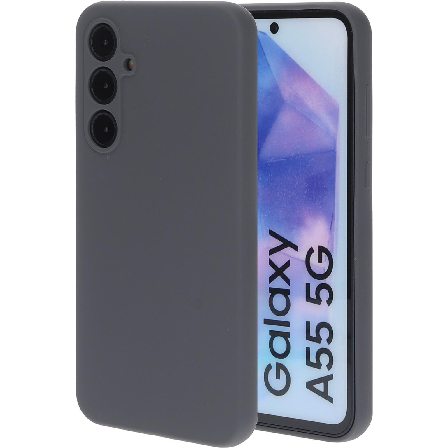 Grijze telefoonhoes en telefoon. De telefoon toont 'Galaxy A55 5G'. De achtergrond is wit.